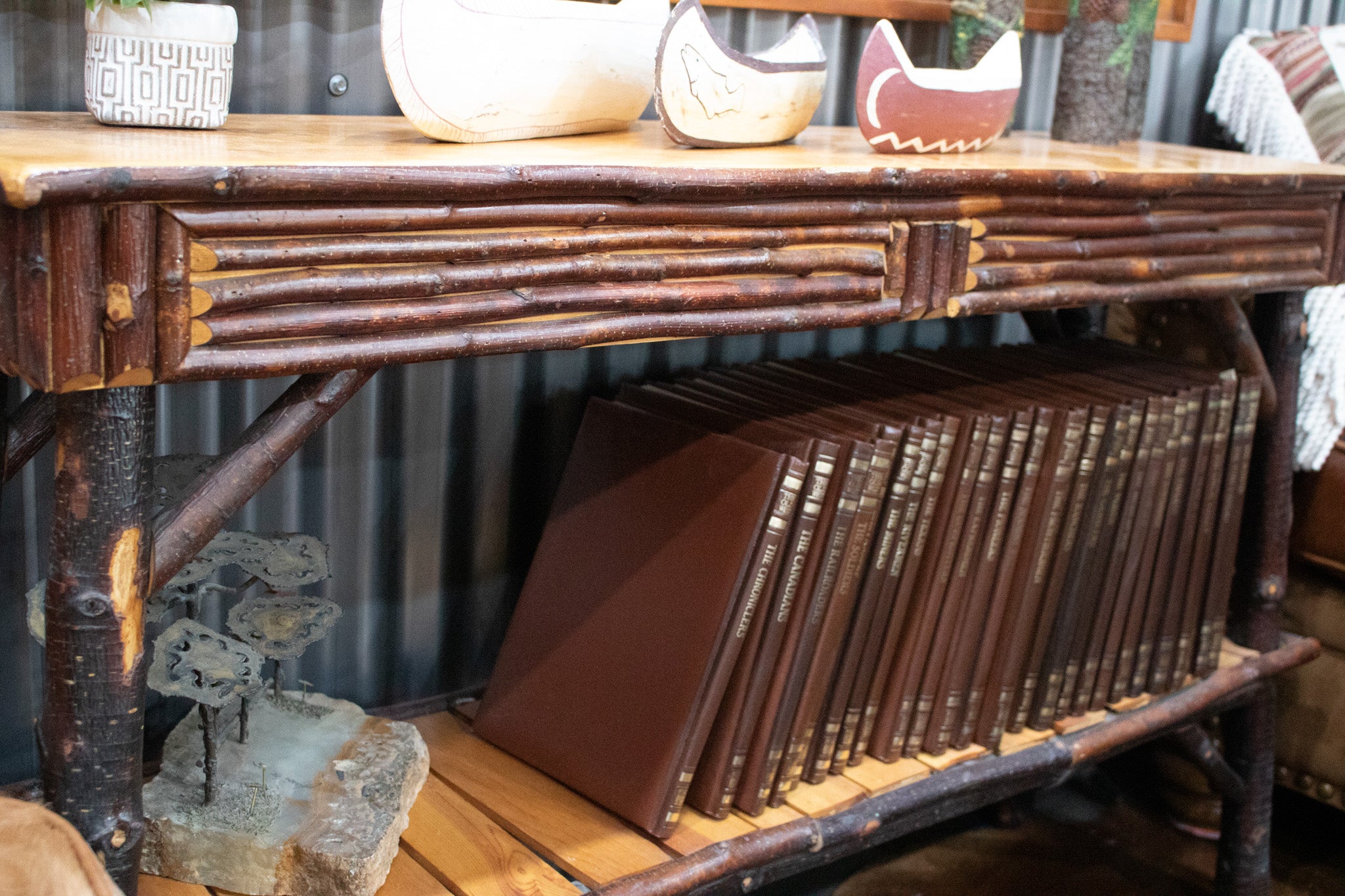 Adirondack Long Side-Table with Raw Wood Geometric Side Design
