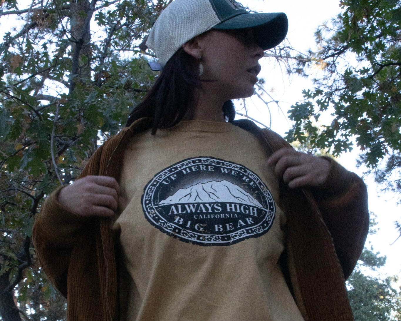 "Always High in Big Bear" Mustard Yellow T-Shirt with Mountain Artwork Size Large