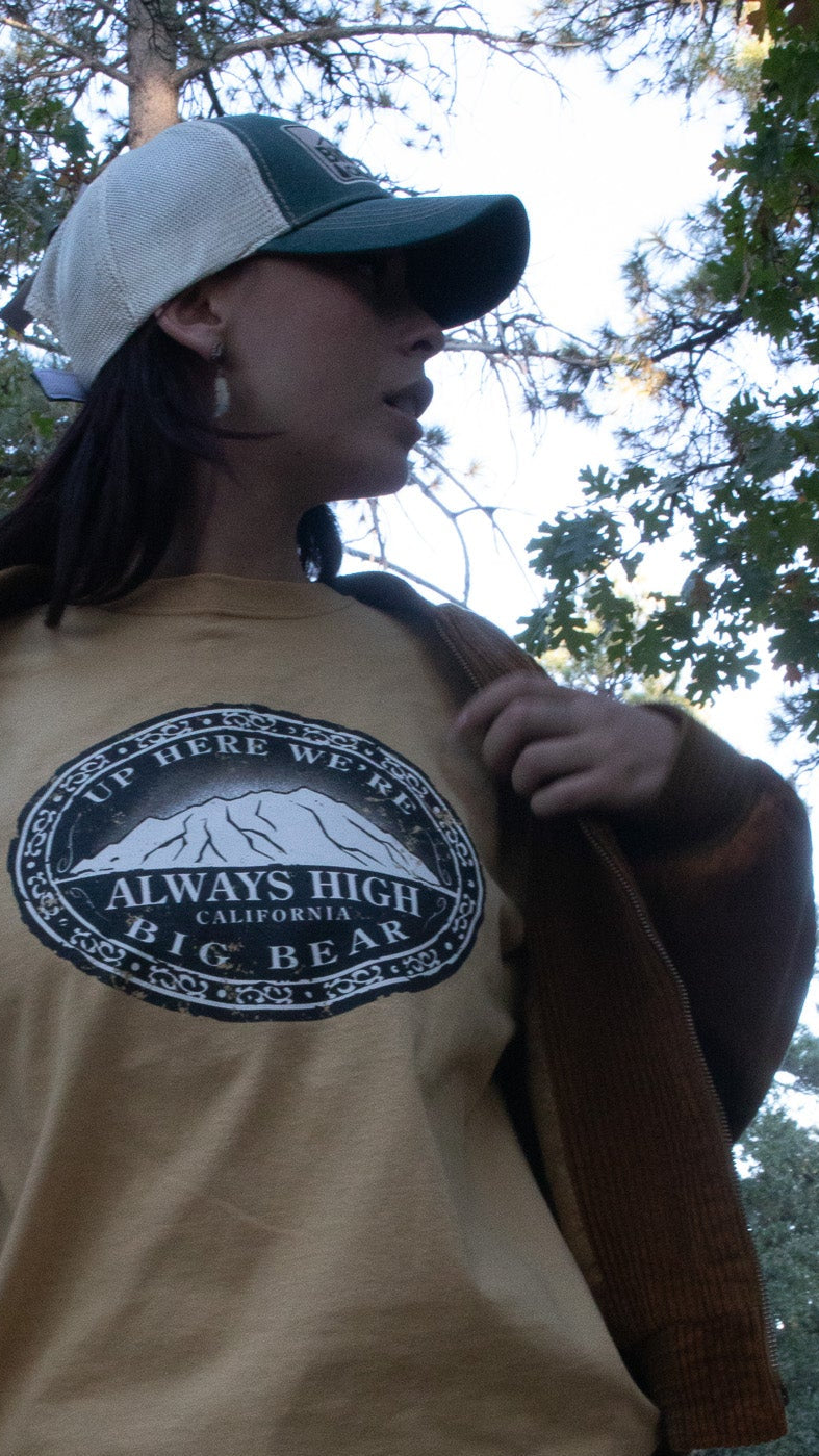 "Always High in Big Bear" Mustard Yellow T-Shirt with Mountain Artwork Size Large