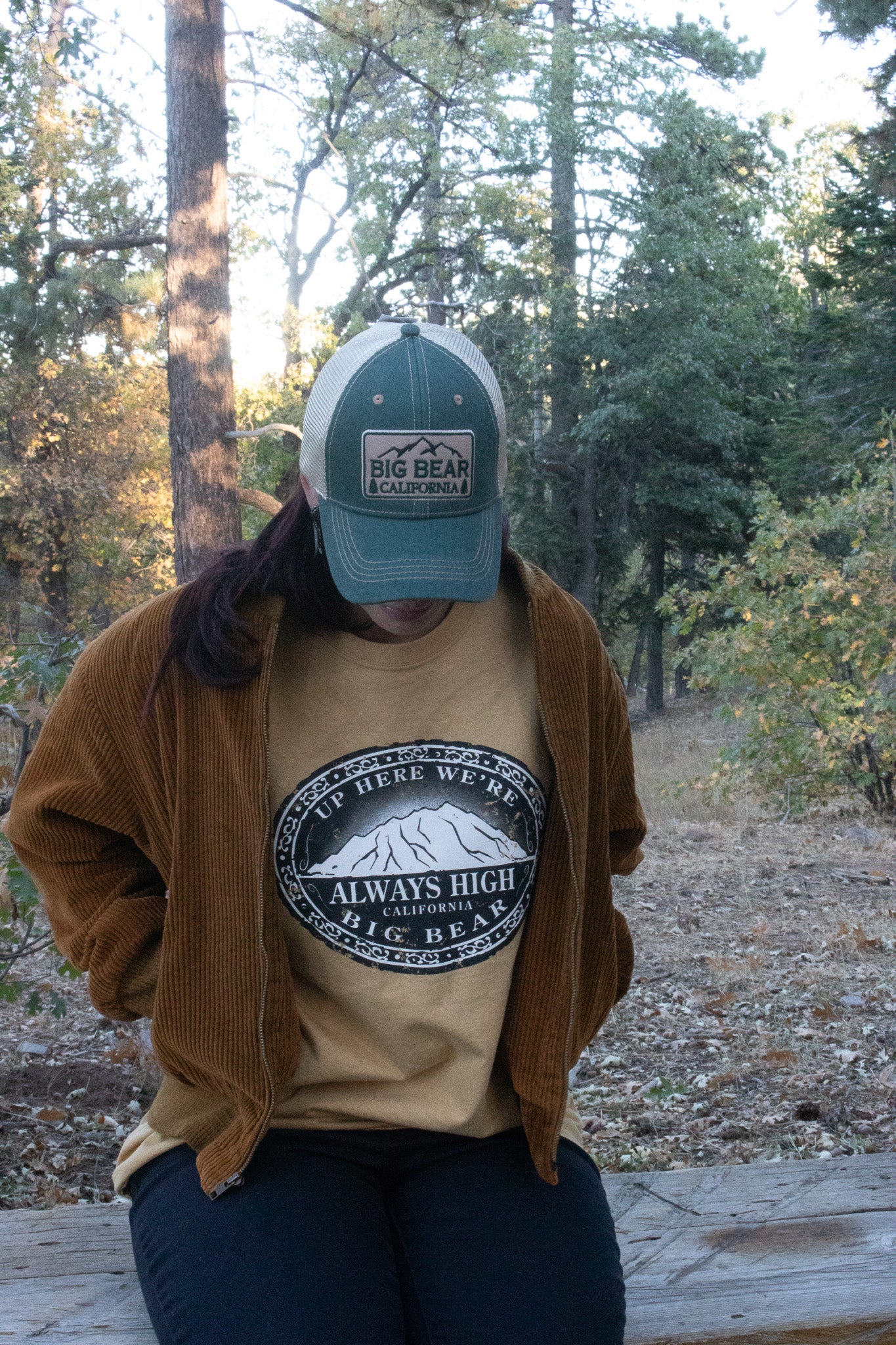 "Always High in Big Bear" Mustard Yellow T-Shirt with Mountain Artwork Size Large