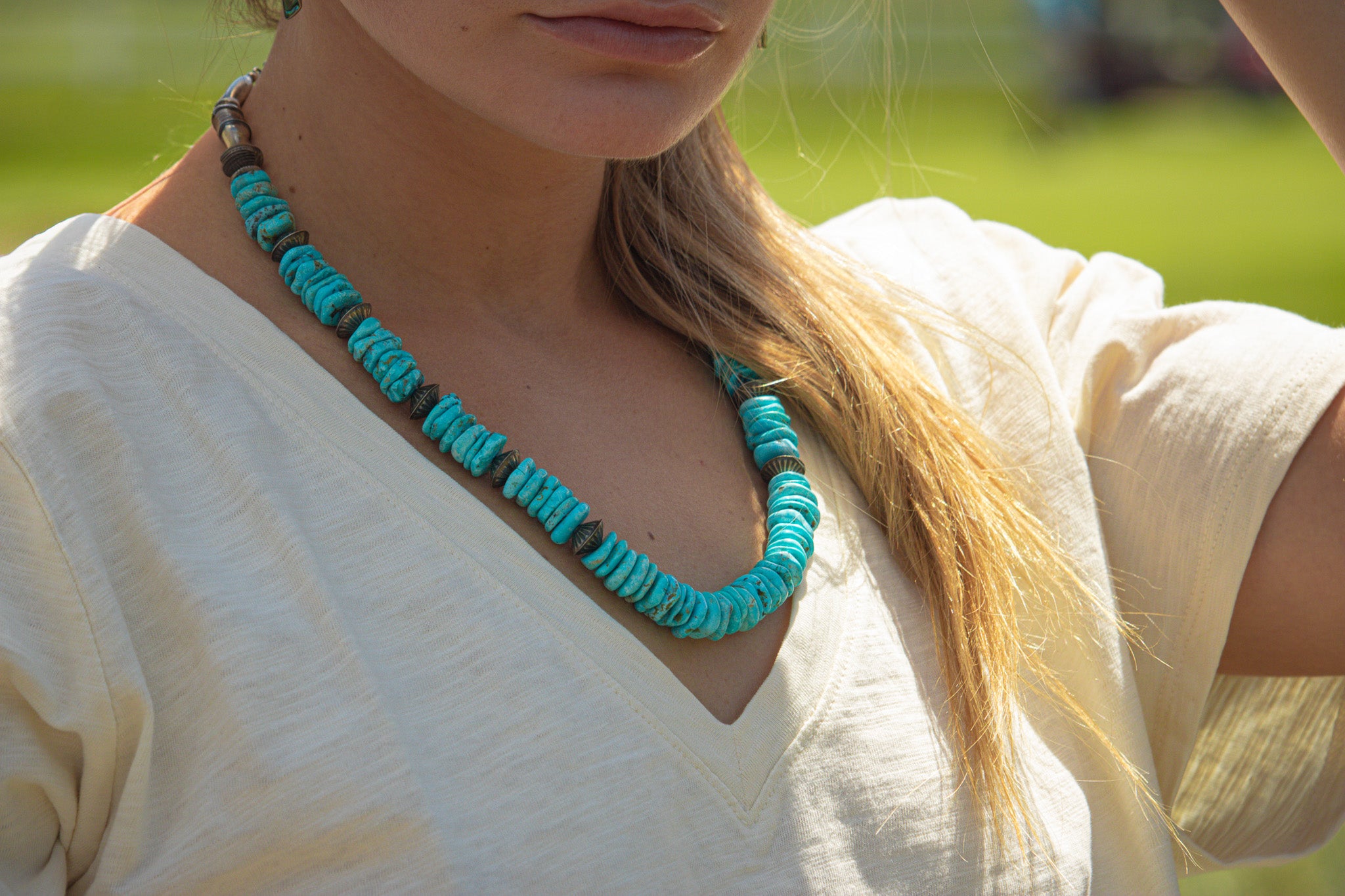 Vintage Turquoise Pearl Fluted Sterling Silver Necklace