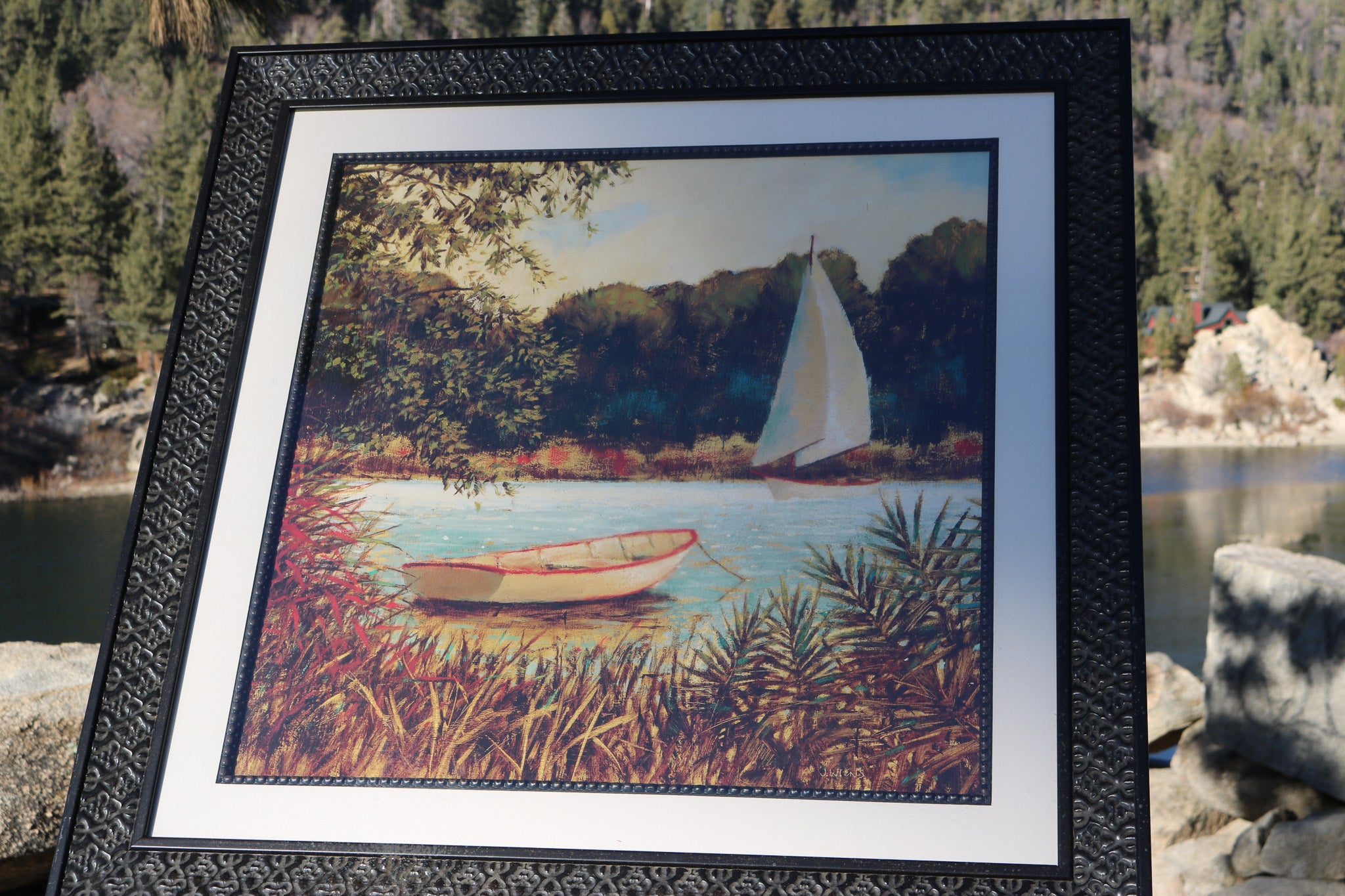 Printed Copy of a Sailboat with Canoe Floating on River