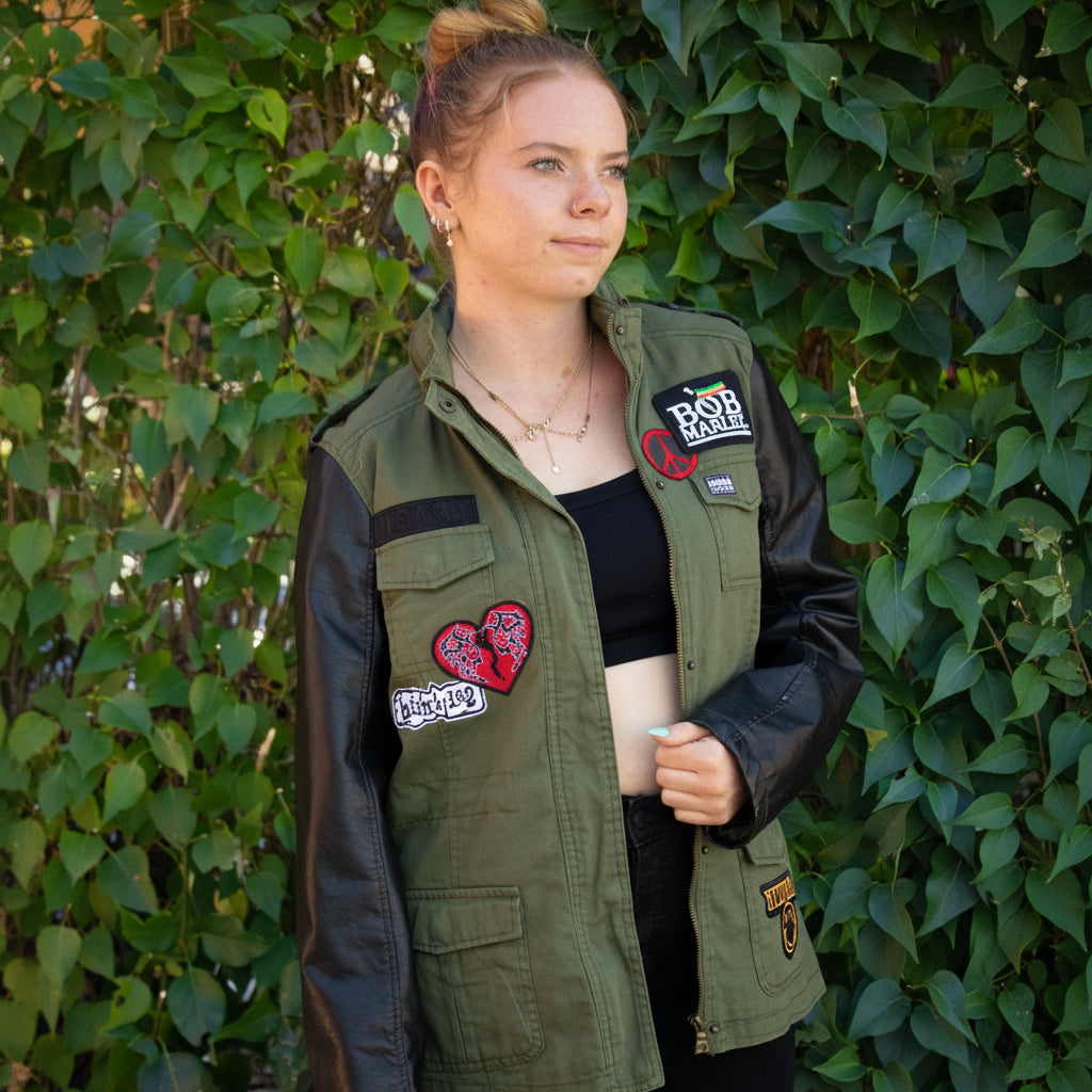 Custom Therapy Army Green and Black Zipper Hooded Patch Jacket with Black Sleeves