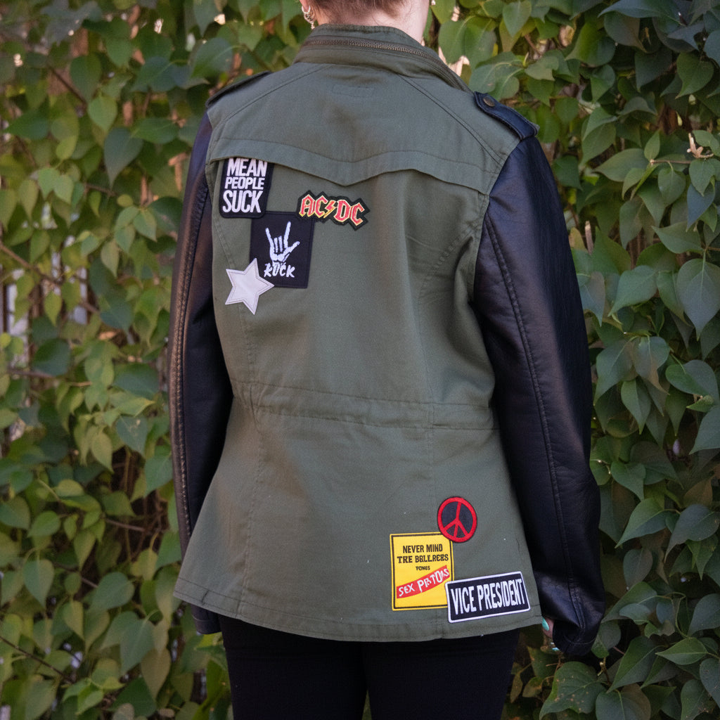 Custom Therapy Army Green and Black Zipper Hooded Patch Jacket with Black Sleeves