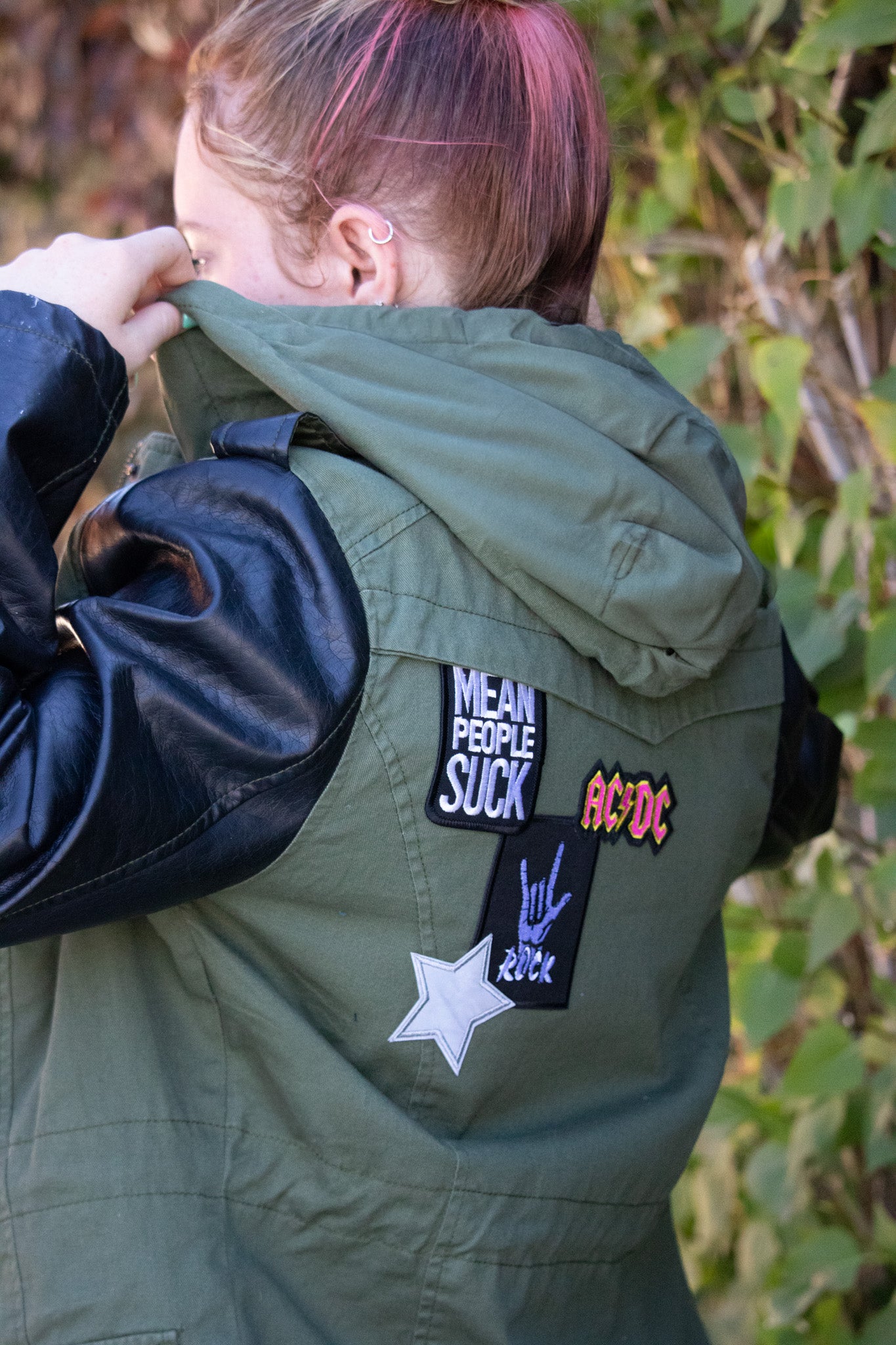 Custom Therapy Army Green and Black Zipper Hooded Patch Jacket with Black Sleeves