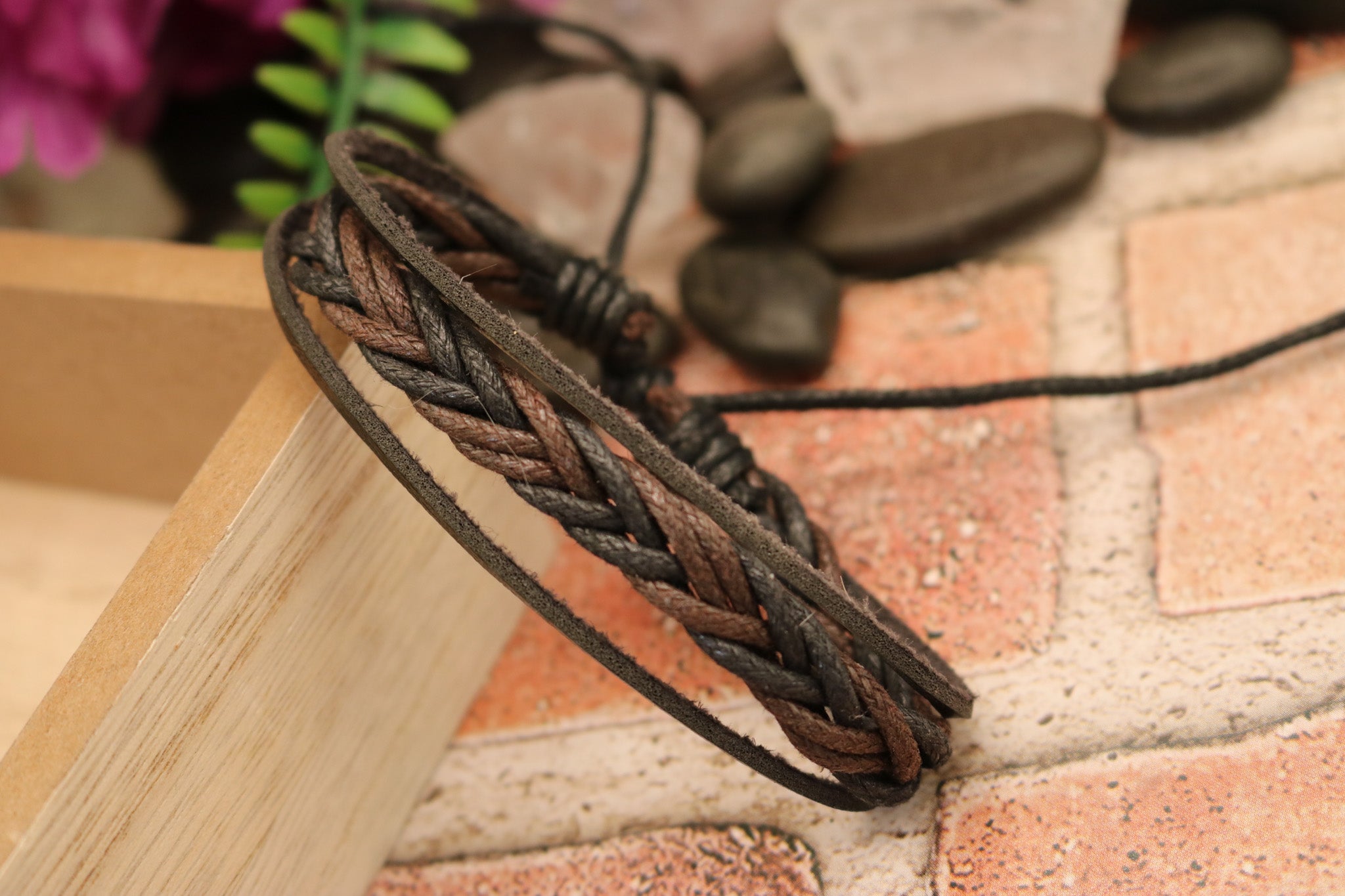 Braided Rope and Leather Adjustable Bracelet