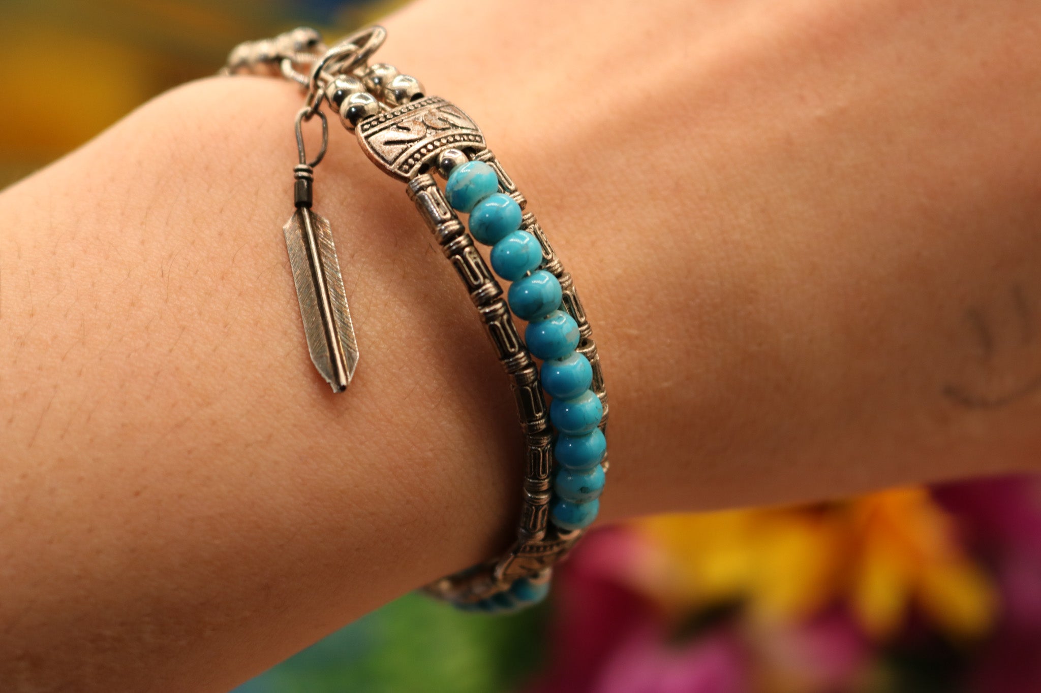 Tibetan Turquoise Colored Gemstone Feather Bracelet