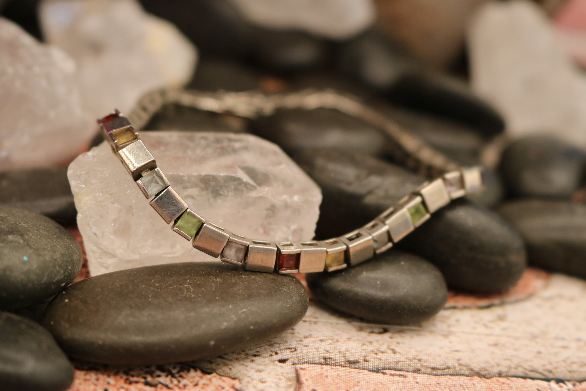 Vintage 925 Silver Bracelet with Multicolored Gemstones