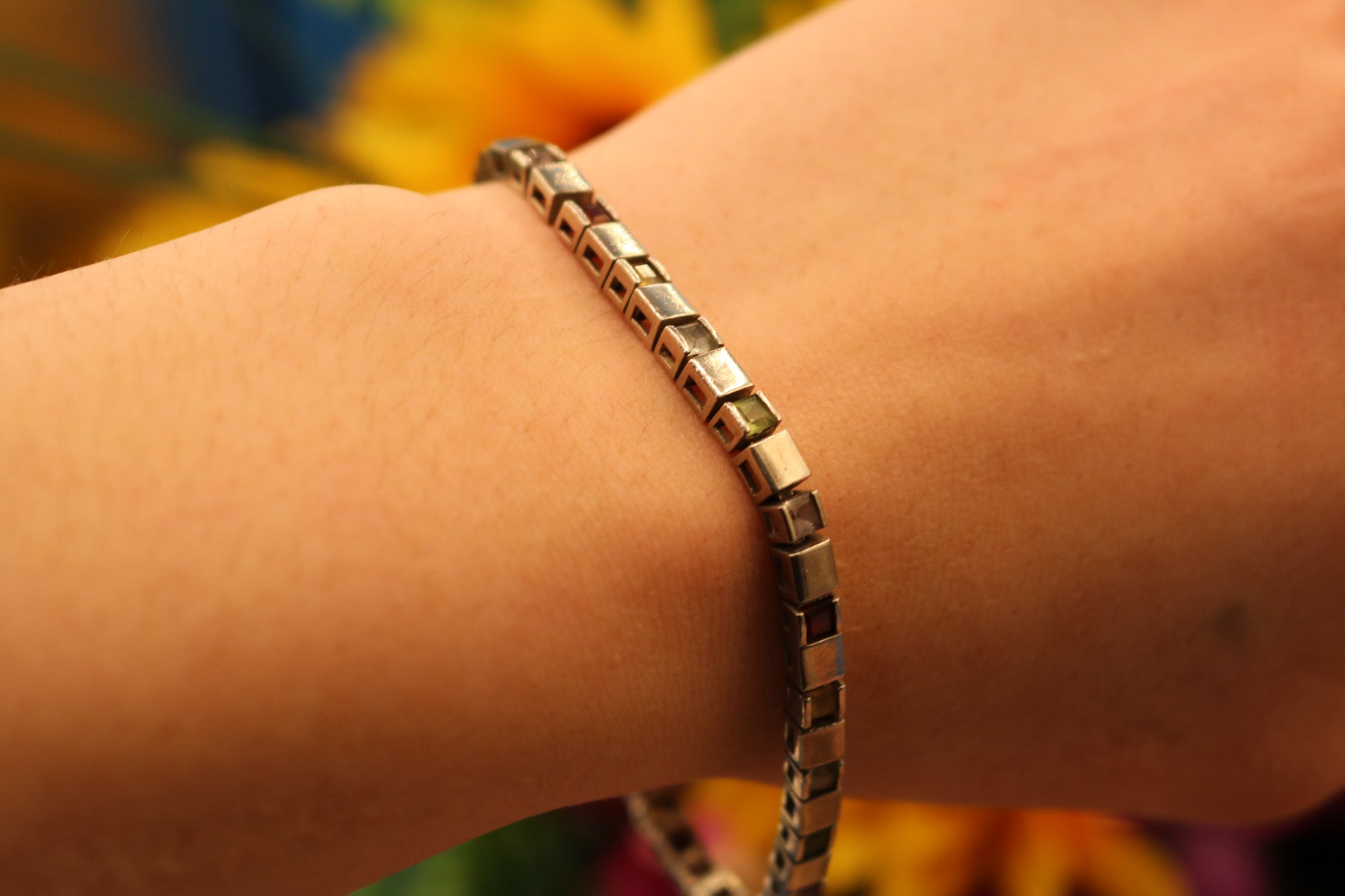 Vintage 925 Silver Bracelet with Multicolored Gemstones