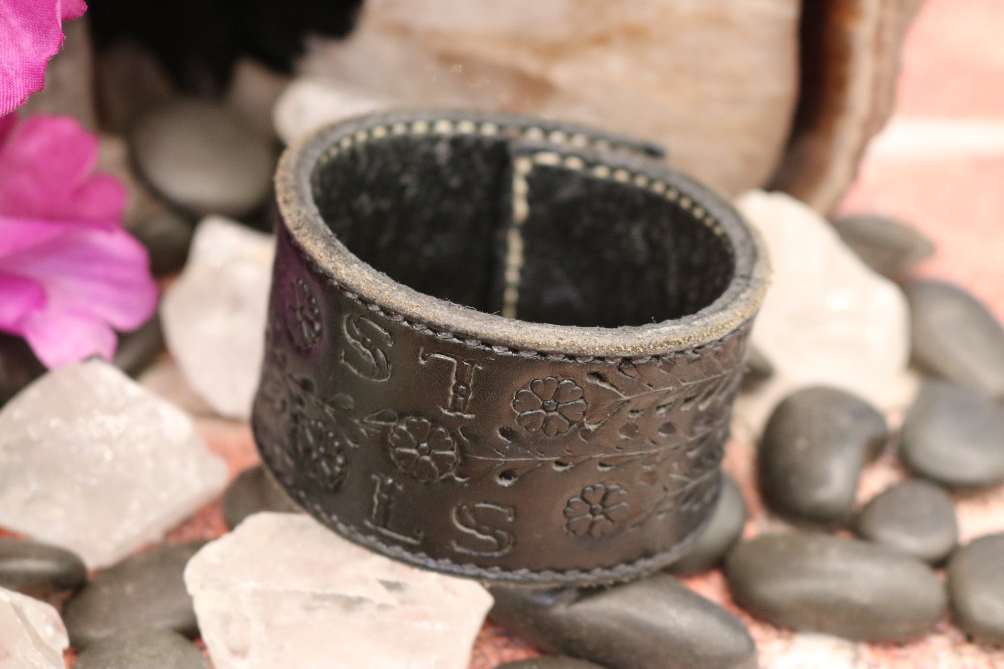 Thick Black Leather Cuff Bracelet with Etched Floral Detail