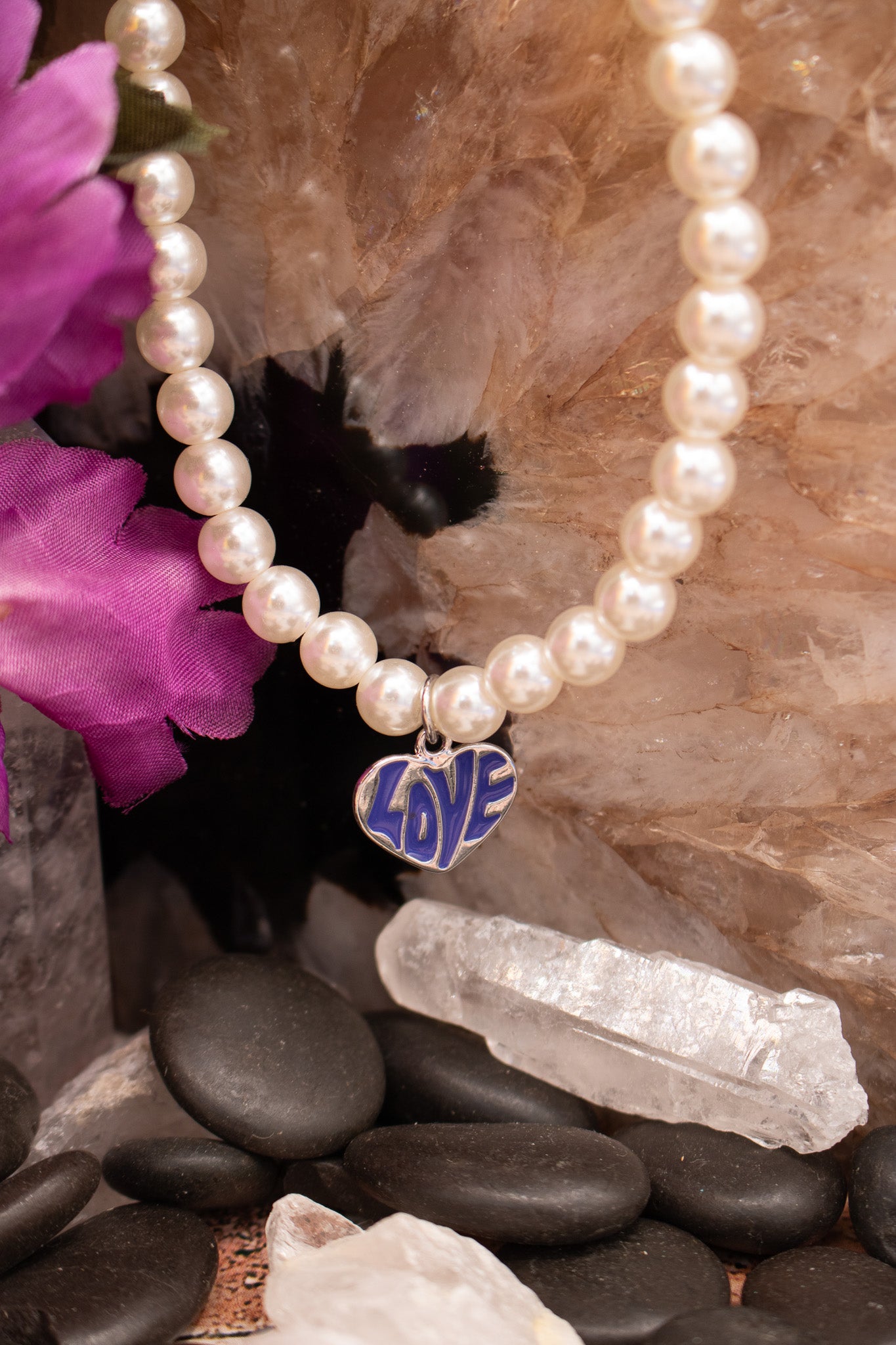 Faux Pearl Necklace with Love Heart Charm