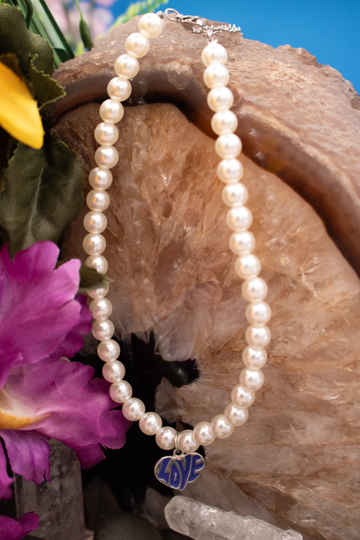 Faux Pearl Necklace with Love Heart Charm