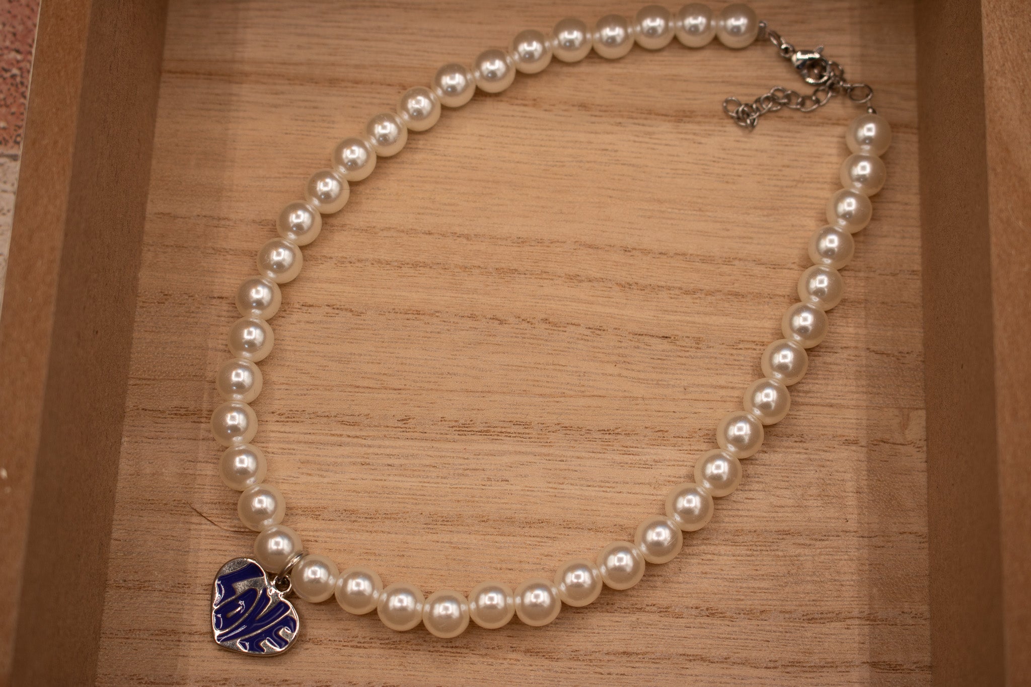 Faux Pearl Necklace with Love Heart Charm