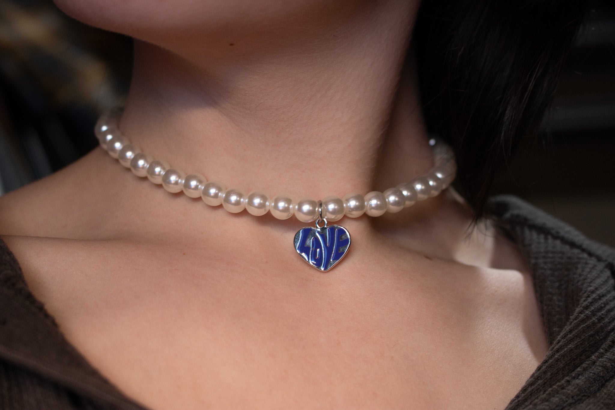 Faux Pearl Necklace with Love Heart Charm