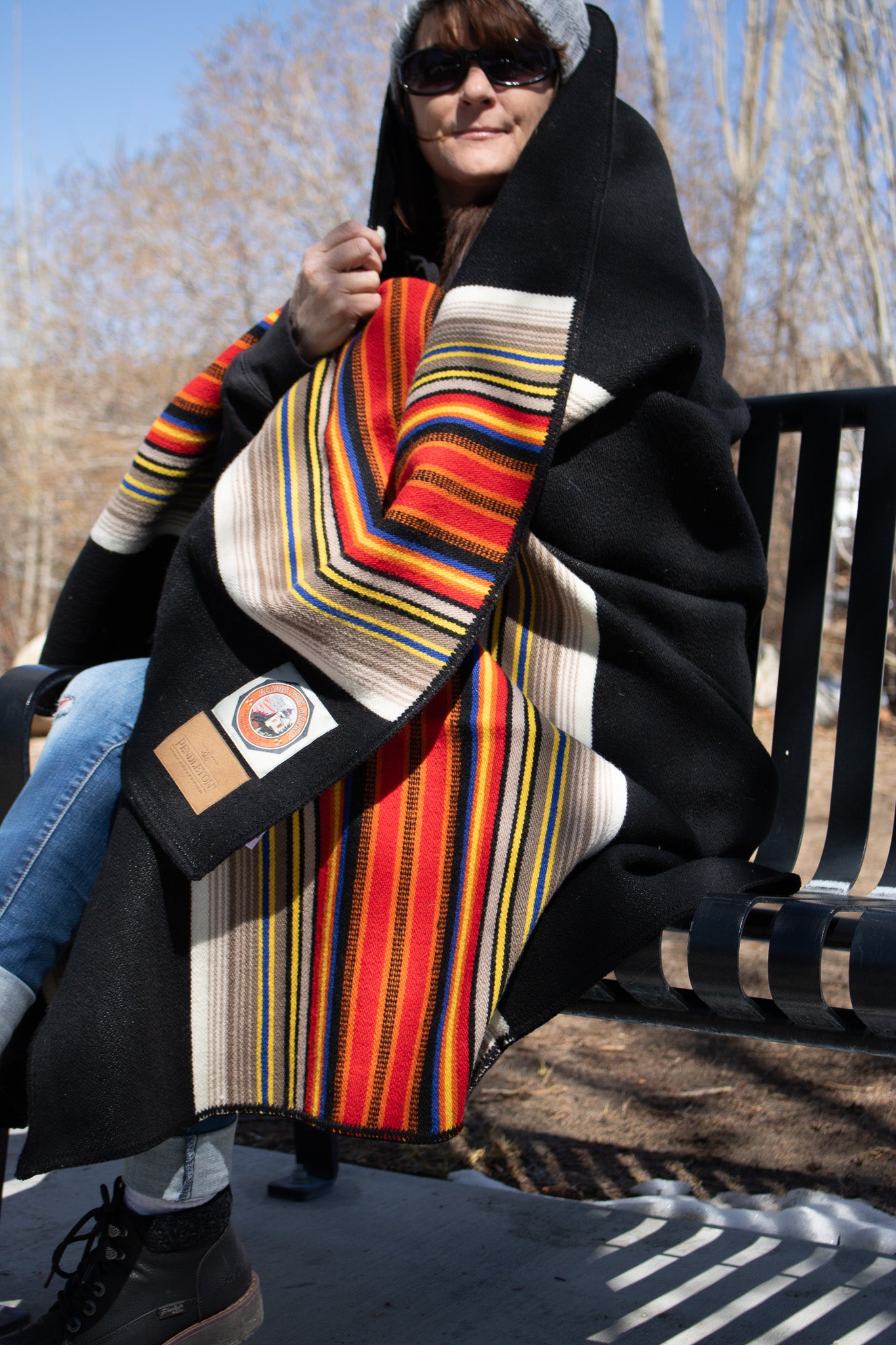 Black Pendleton Acadia National Park Throw Blanket with Leather Carrier