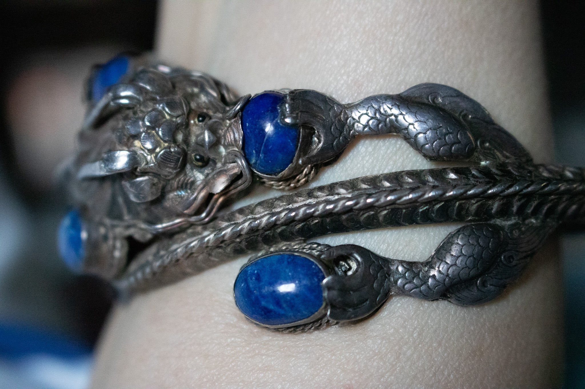 1980's Chinese Sterling Silver Tabet Dragon Bracelet