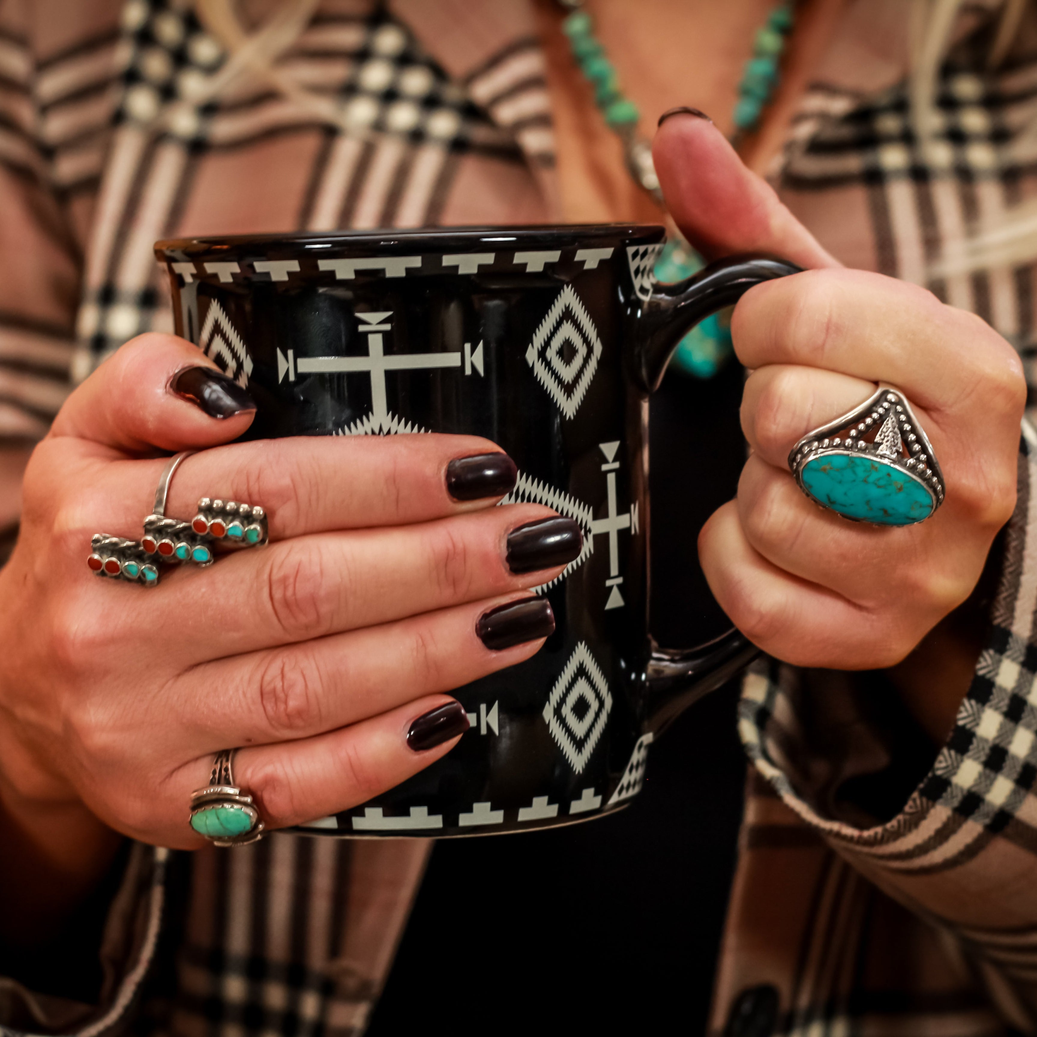 Old Dishta Zuni Sterling Silver Turquoise and Red Coral Triple Row Ring size 8