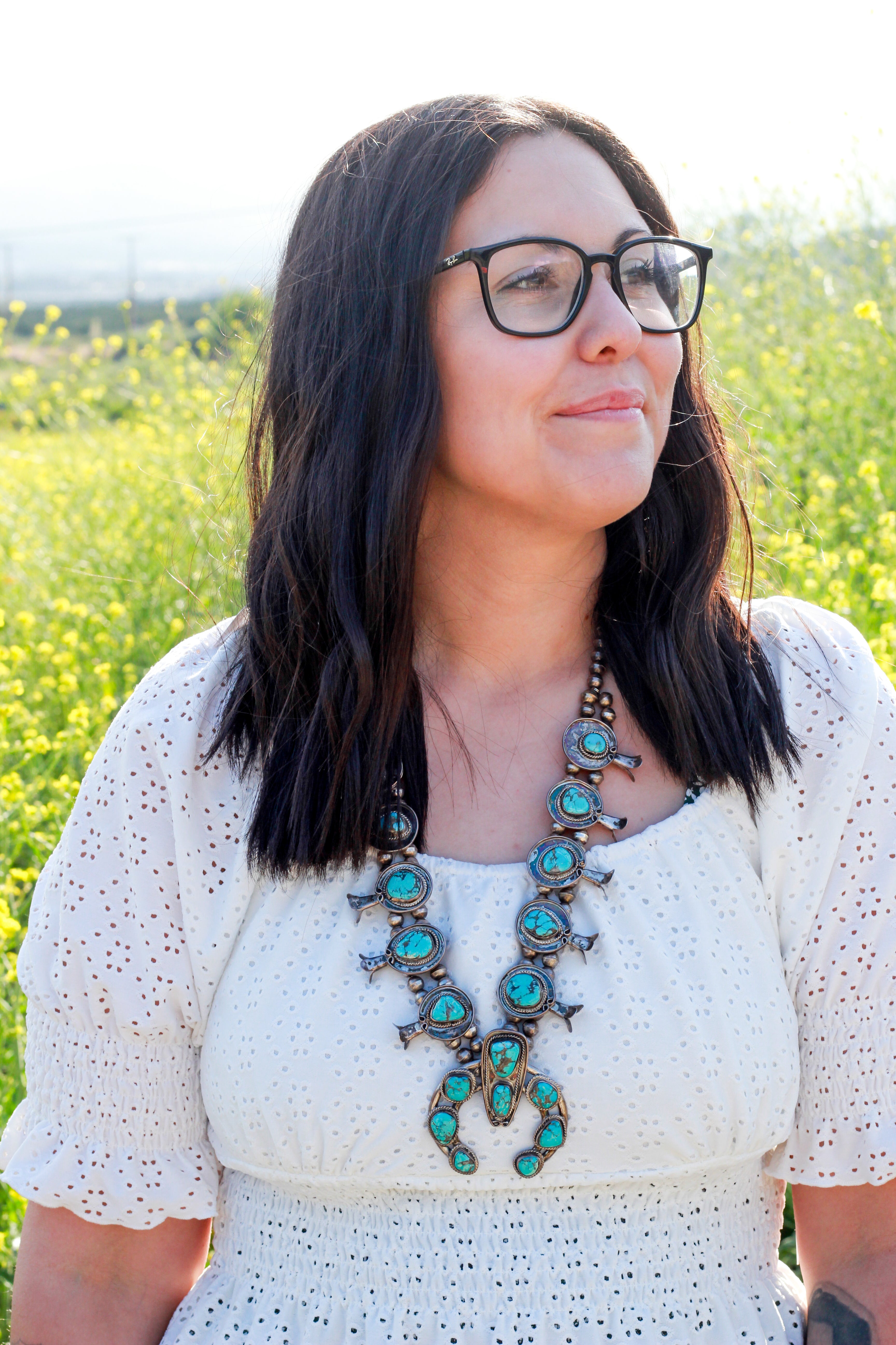 Vintage Navajo Turquoise Sterling Silver Squash Blossom Necklace