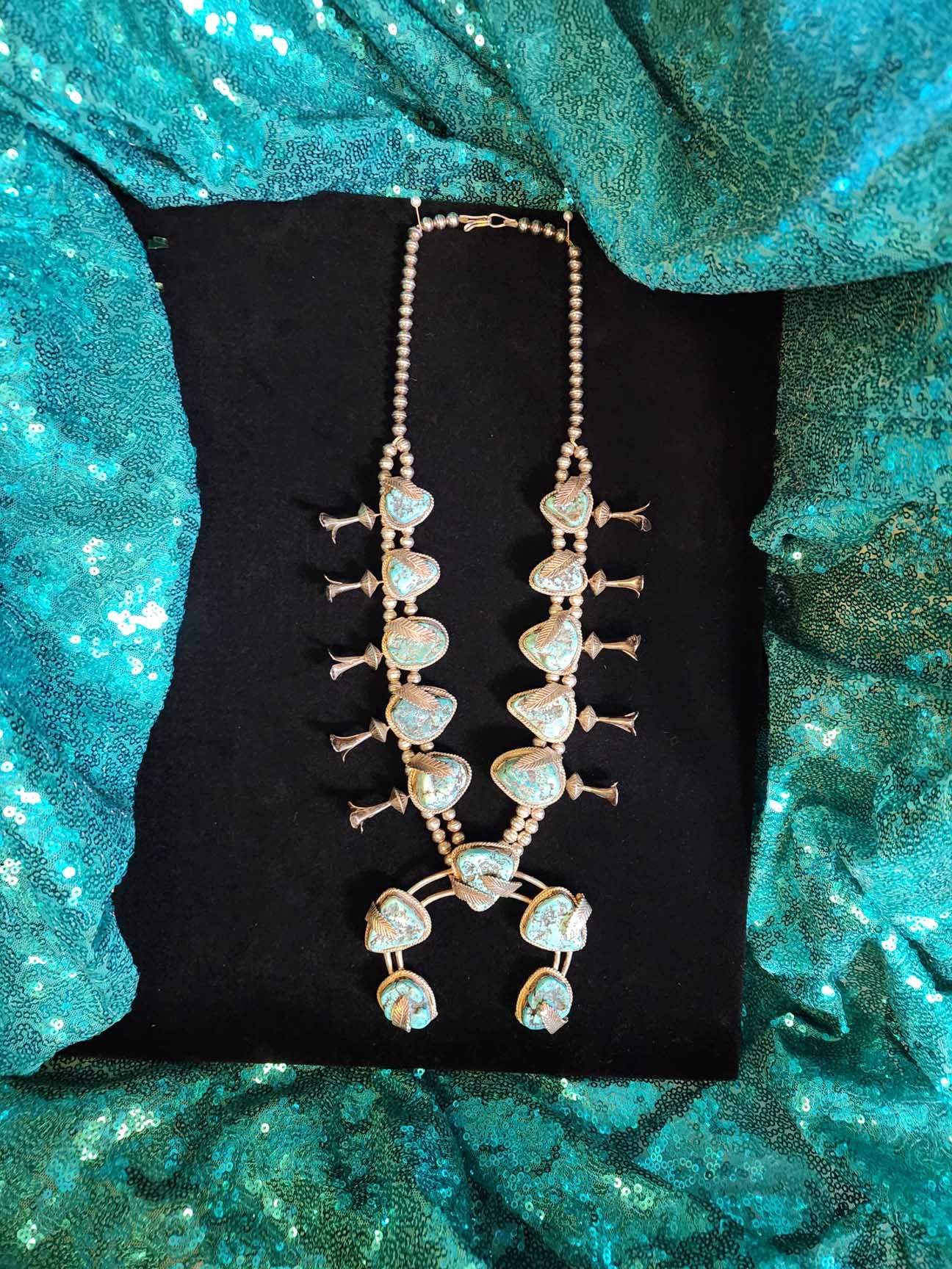 Vintage Navajo Turquoise Squash Blossom Necklace with Silver Leaf Detail