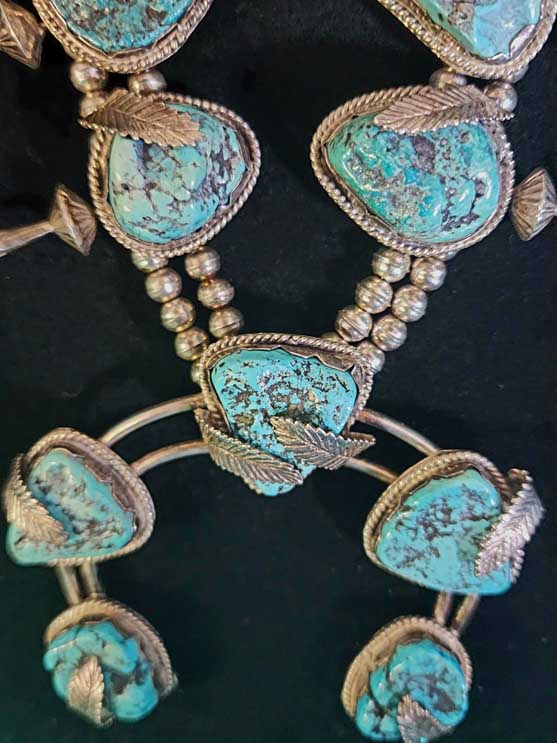 Vintage Navajo Turquoise Squash Blossom Necklace with Silver Leaf Detail