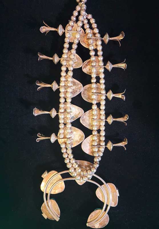 Vintage Navajo Turquoise Squash Blossom Necklace with Silver Leaf Detail