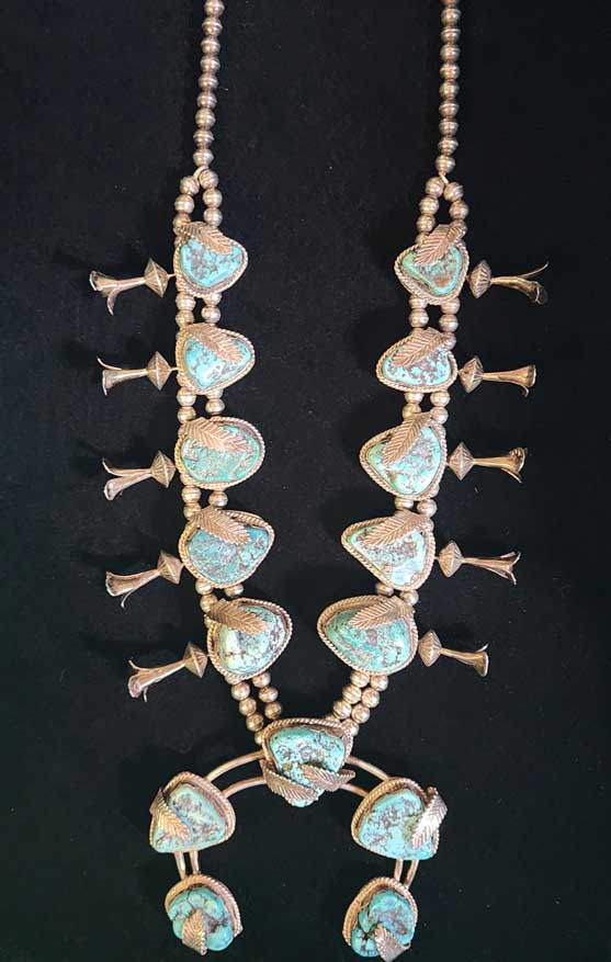 Vintage Navajo Turquoise Squash Blossom Necklace with Silver Leaf Detail