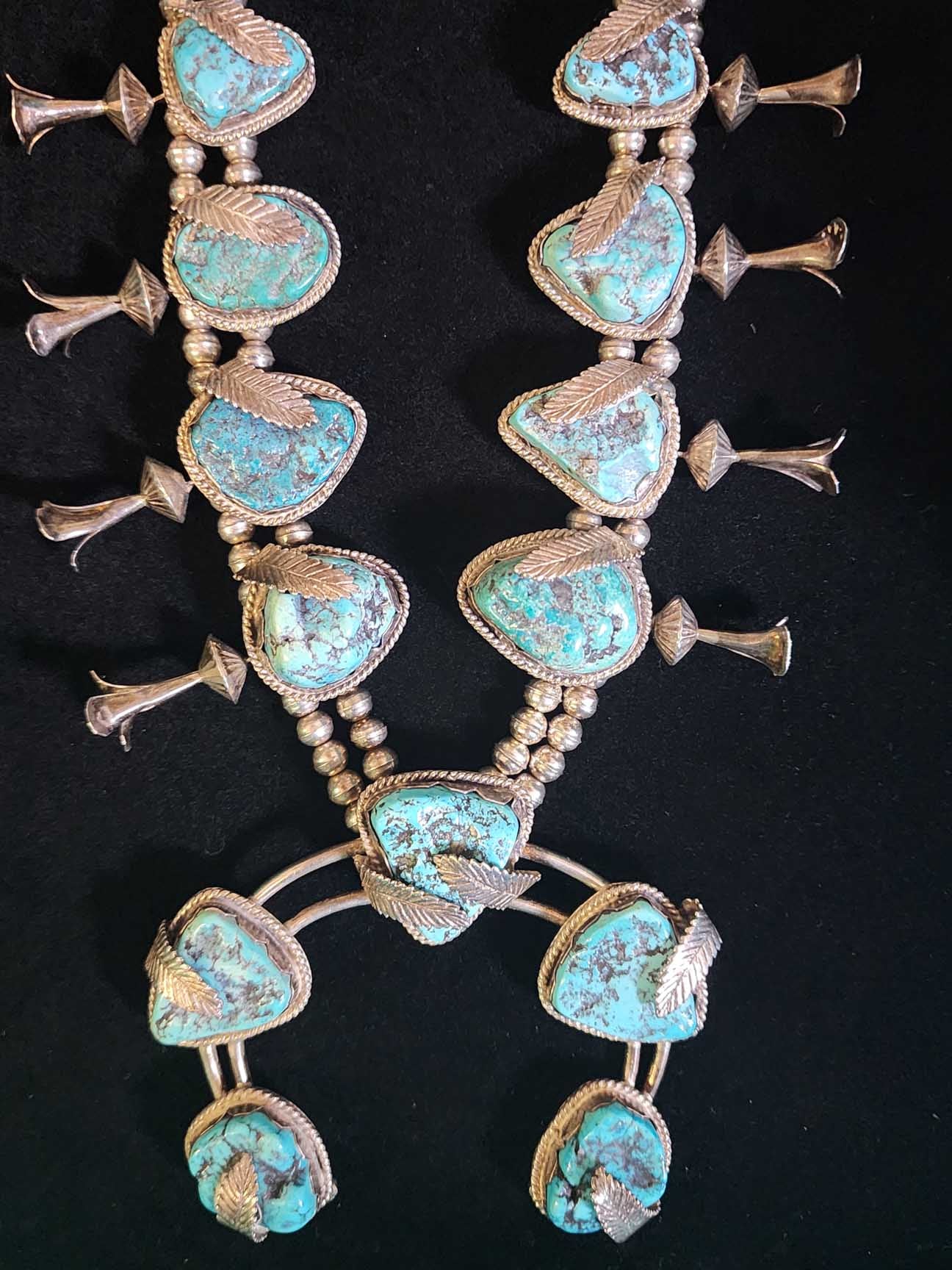 Vintage Navajo Turquoise Squash Blossom Necklace with Silver Leaf Detail