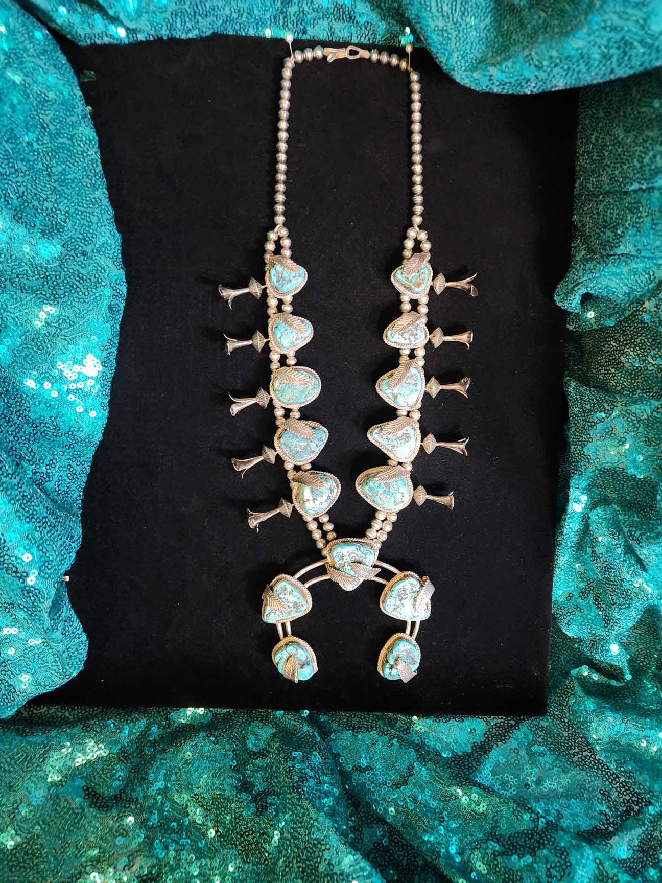 Vintage Navajo Turquoise Squash Blossom Necklace with Silver Leaf Detail