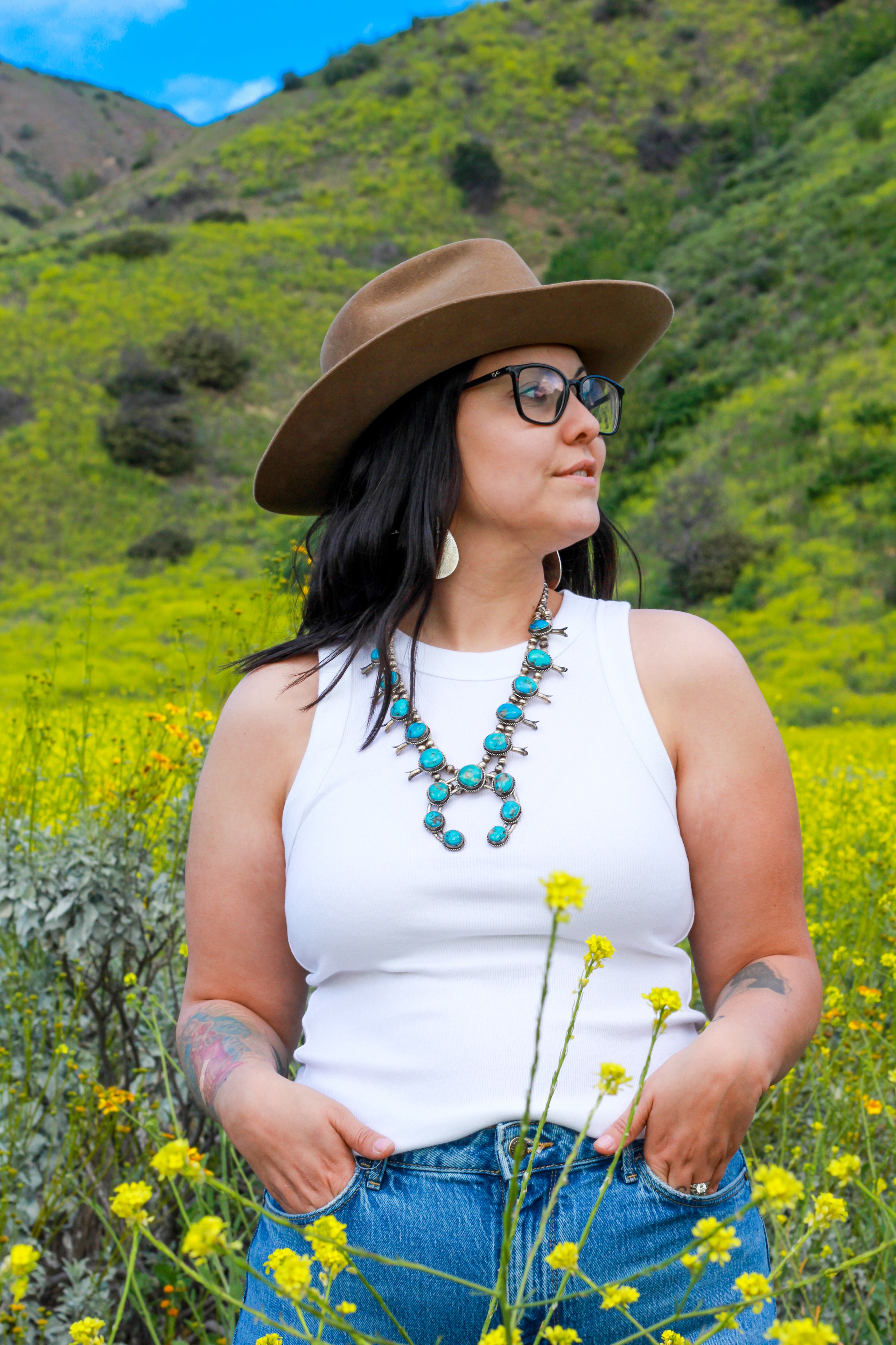 Vintage Navajo Squash Blossom Necklace Crafted from Morenci Turquoise and Sterling Silver