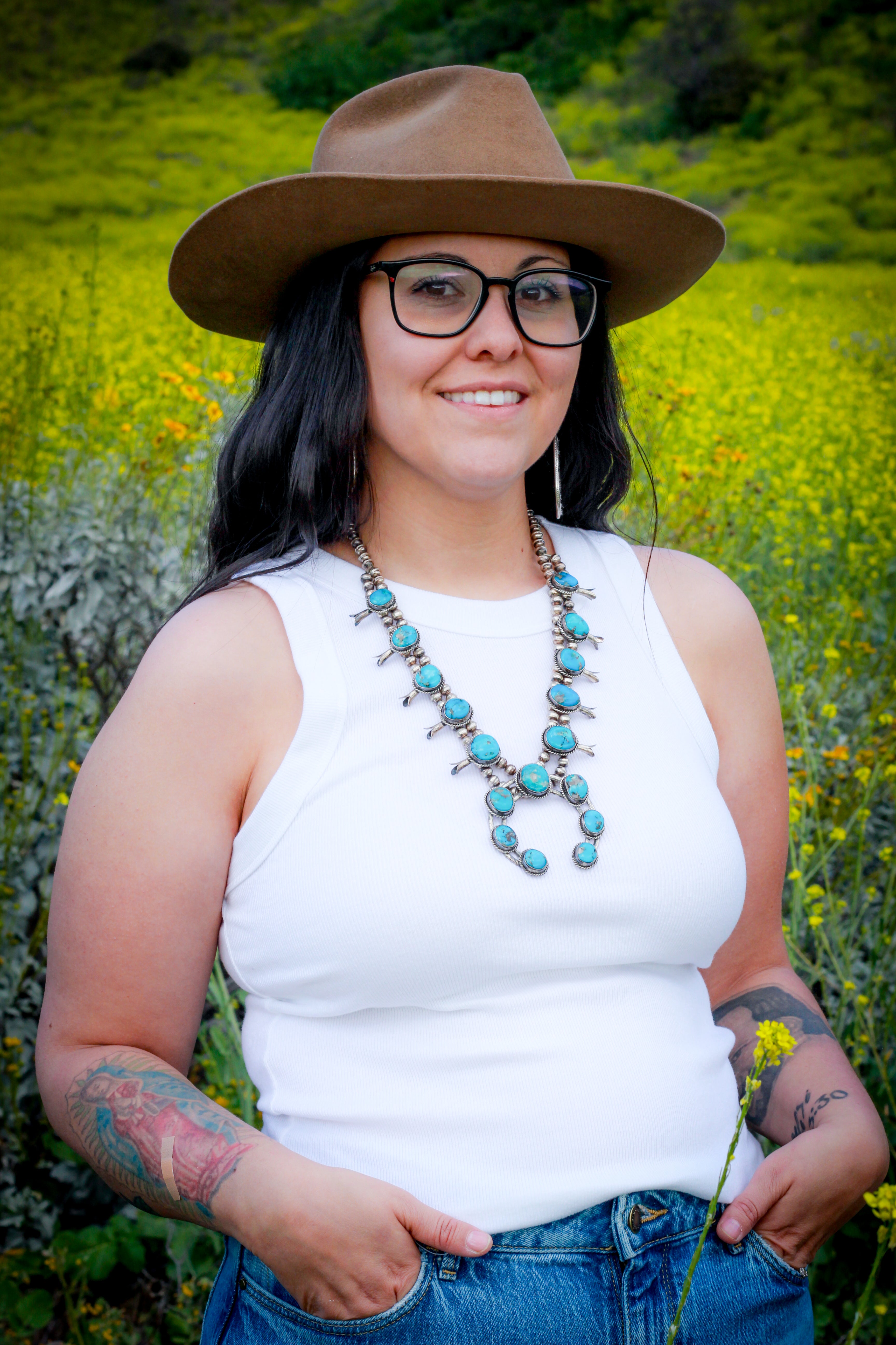 Vintage Navajo Squash Blossom Necklace Crafted from Morenci Turquoise and Sterling Silver