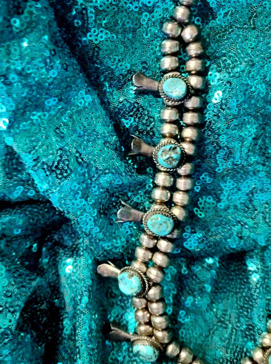 Vintage Navajo Kingman Turquoise Sterling Silver Squash Blossom Necklace