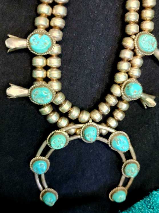 Vintage Navajo Kingman Turquoise Sterling Silver Squash Blossom Necklace