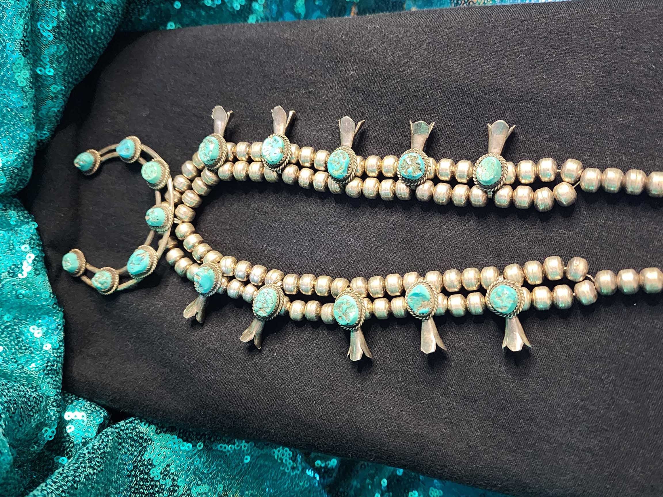Vintage Navajo Kingman Turquoise Sterling Silver Squash Blossom Necklace