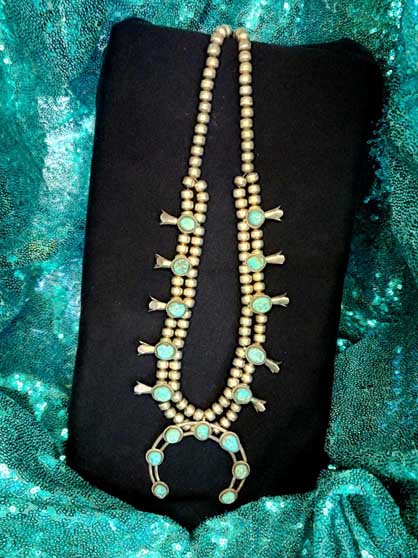 Vintage Navajo Kingman Turquoise Sterling Silver Squash Blossom Necklace