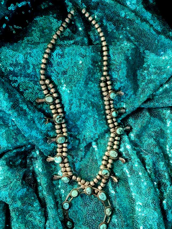 Vintage Navajo Kingman Turquoise Sterling Silver Squash Blossom Necklace