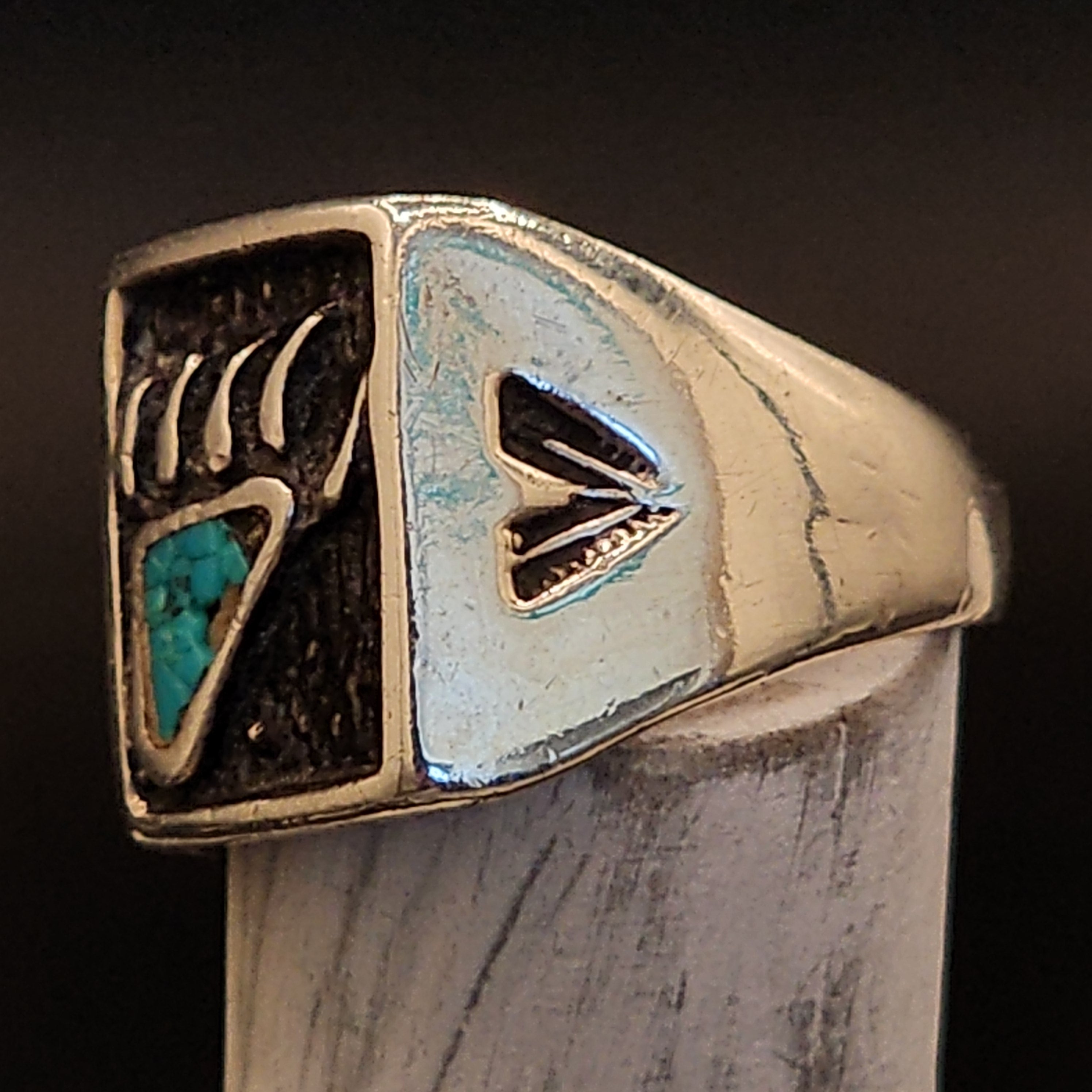 Old Pawn Navajo Sterling Silver Turquoise Inlay Bear Paw Tribal Ring Size 11.5