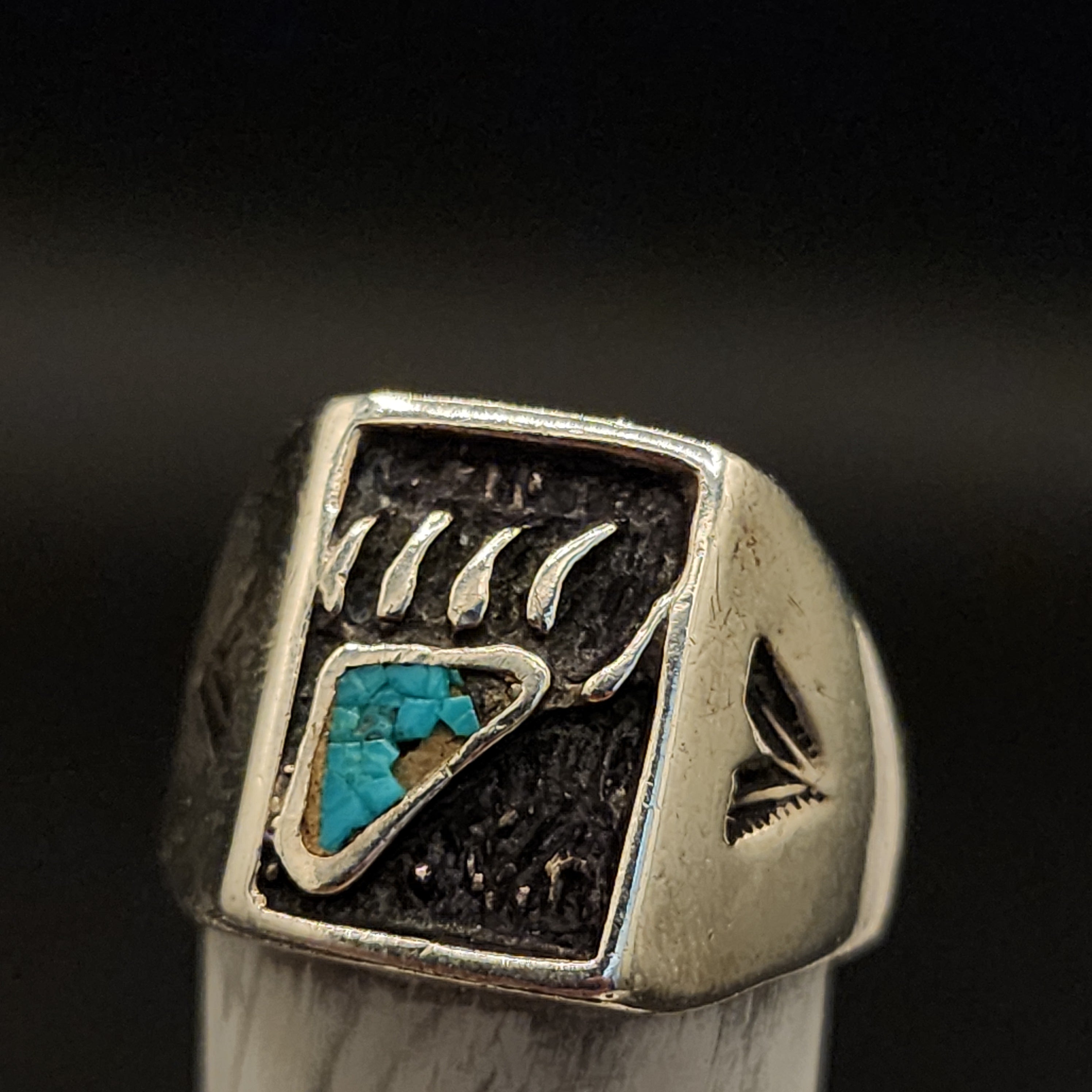 Old Pawn Navajo Sterling Silver Turquoise Inlay Bear Paw Tribal Ring Size 11.5
