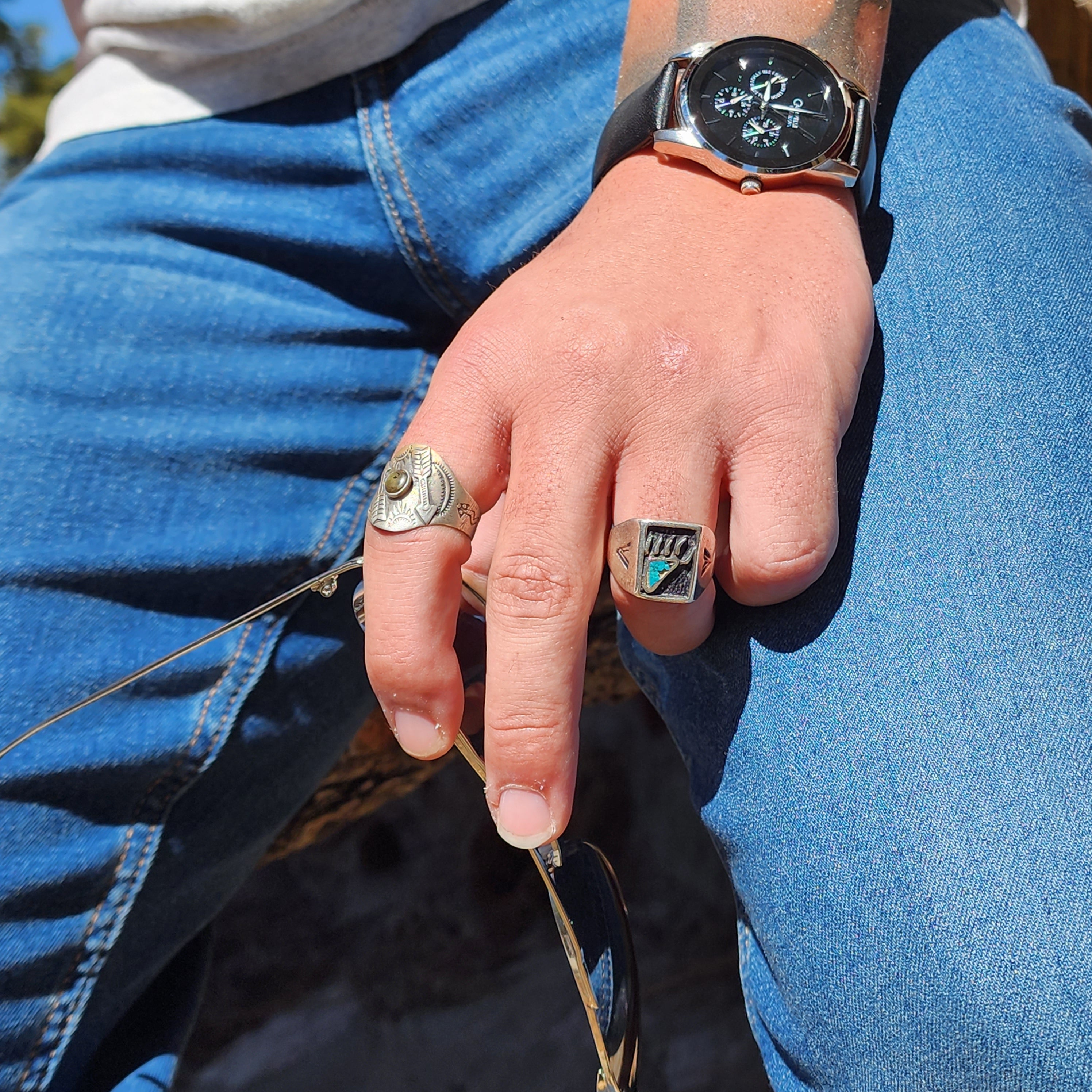 Old Pawn Navajo Sterling Silver Turquoise Inlay Bear Paw Tribal Ring Size 11.5