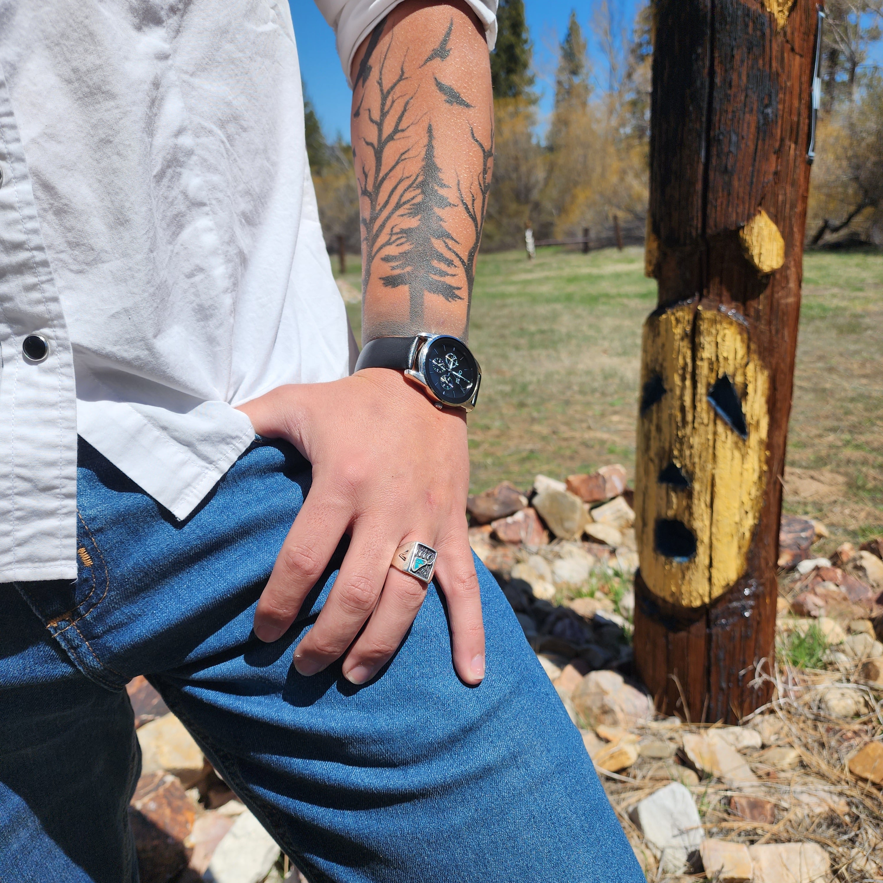 Old Pawn Navajo Sterling Silver Turquoise Inlay Bear Paw Tribal Ring Size 11.5