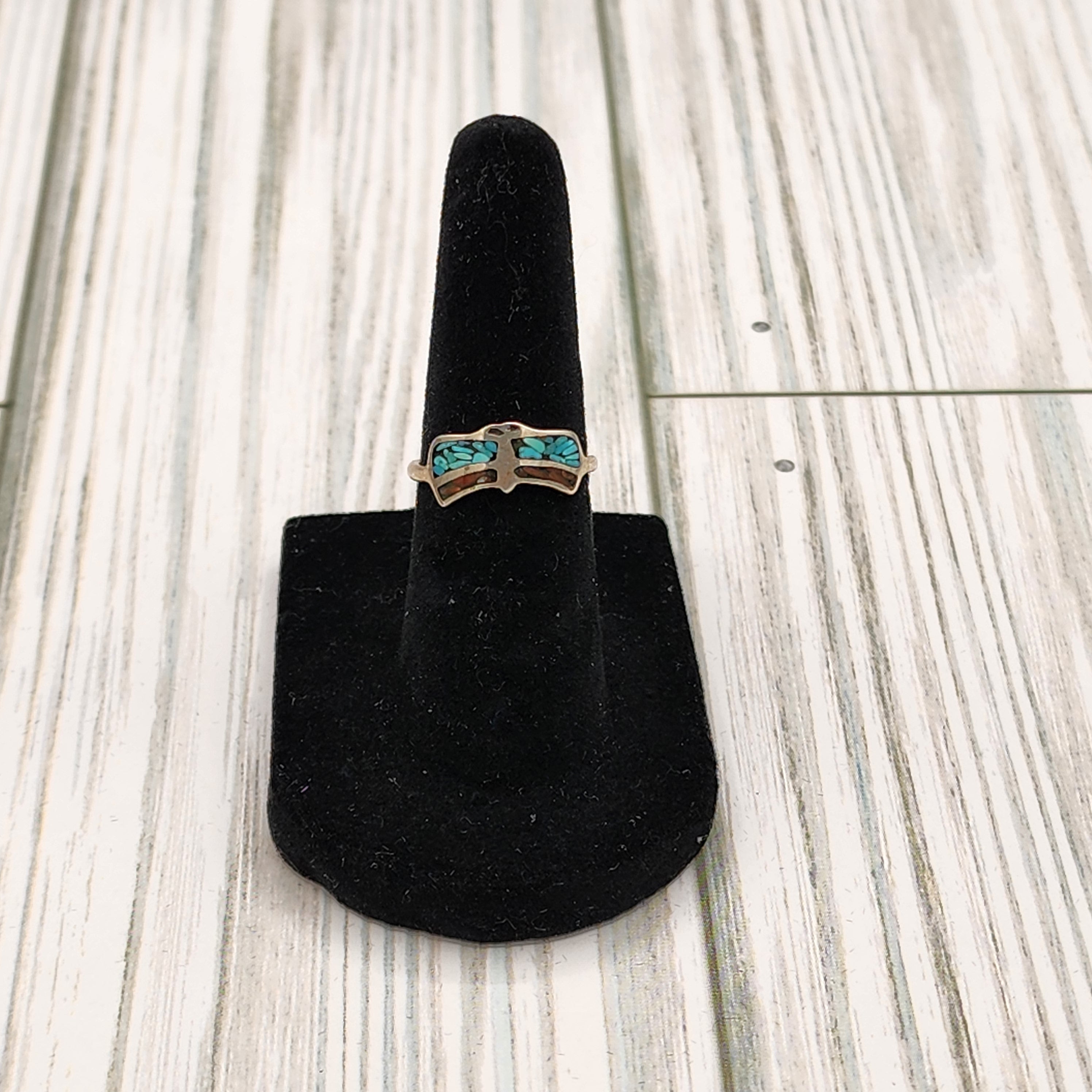 Fox Turquoise and Coral Inlaid Gemstone Sterling Silver Band Ring Size 5