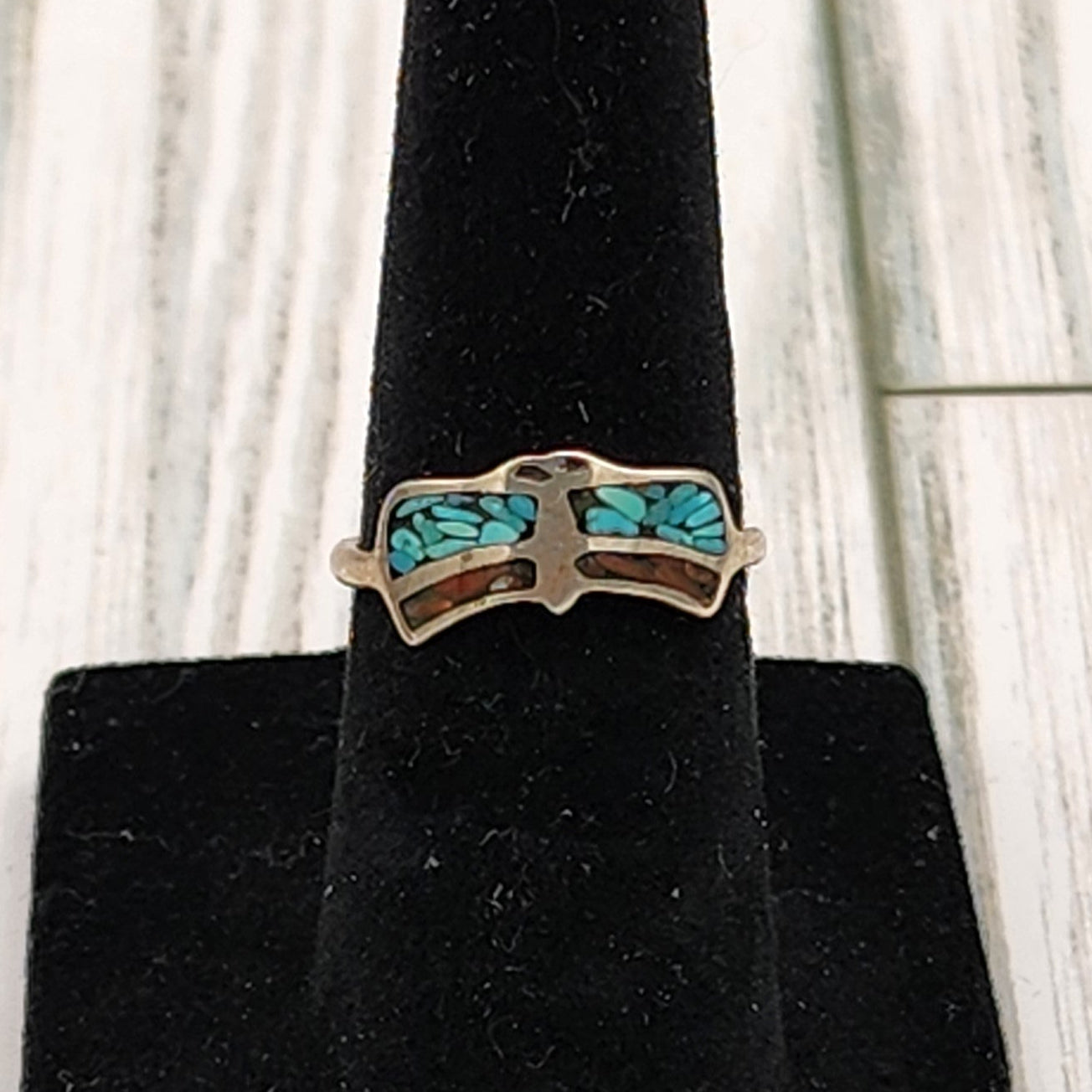 Fox Turquoise and Coral Inlaid Gemstone Sterling Silver Band Ring Size 5