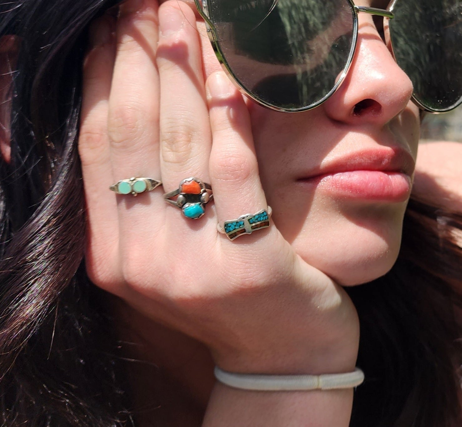 Fox Turquoise and Coral Inlaid Gemstone Sterling Silver Band Ring Size 5