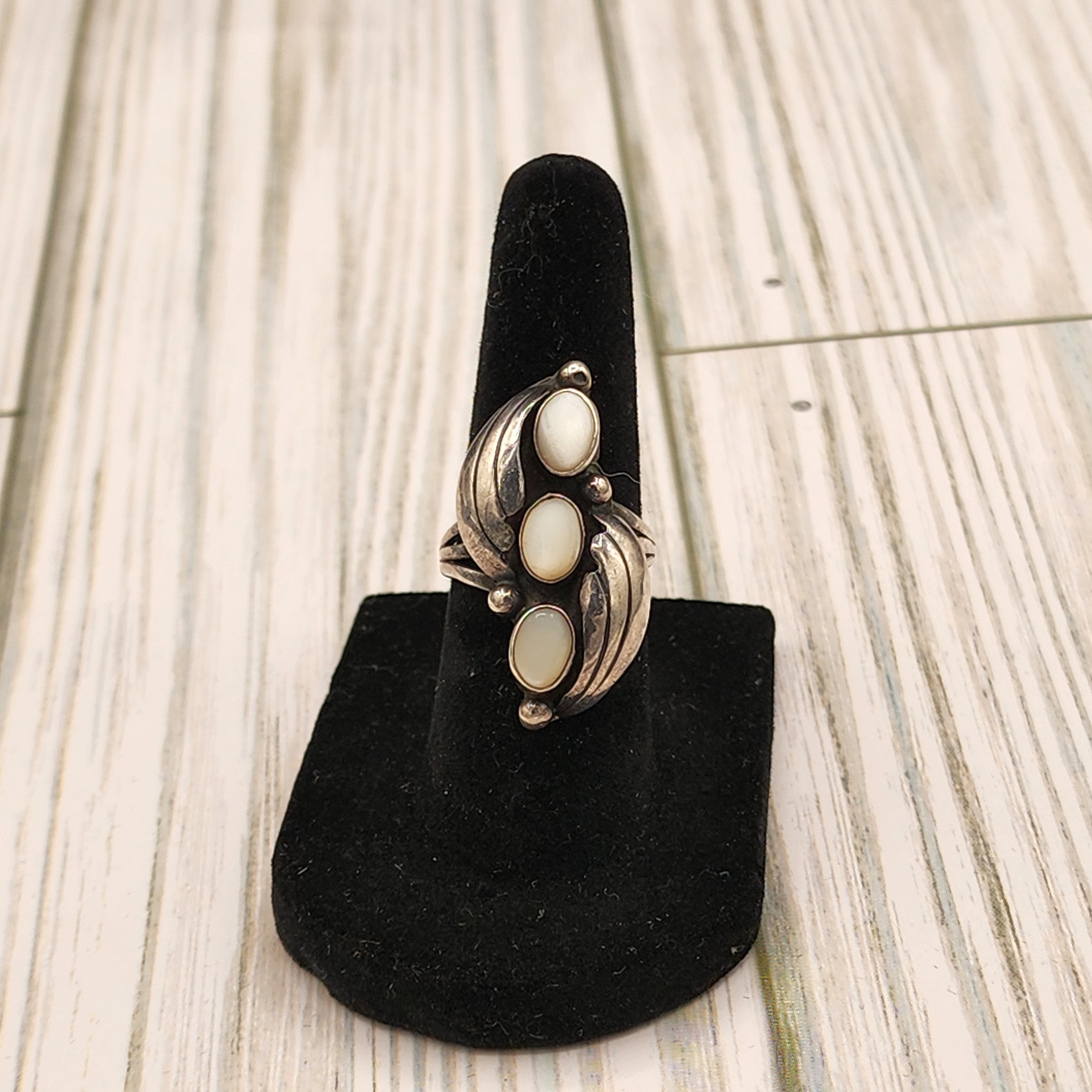 Vintage Navajo Three White Opal Gemstones Embellished in Sterling Silver Swirls Split Band Ring