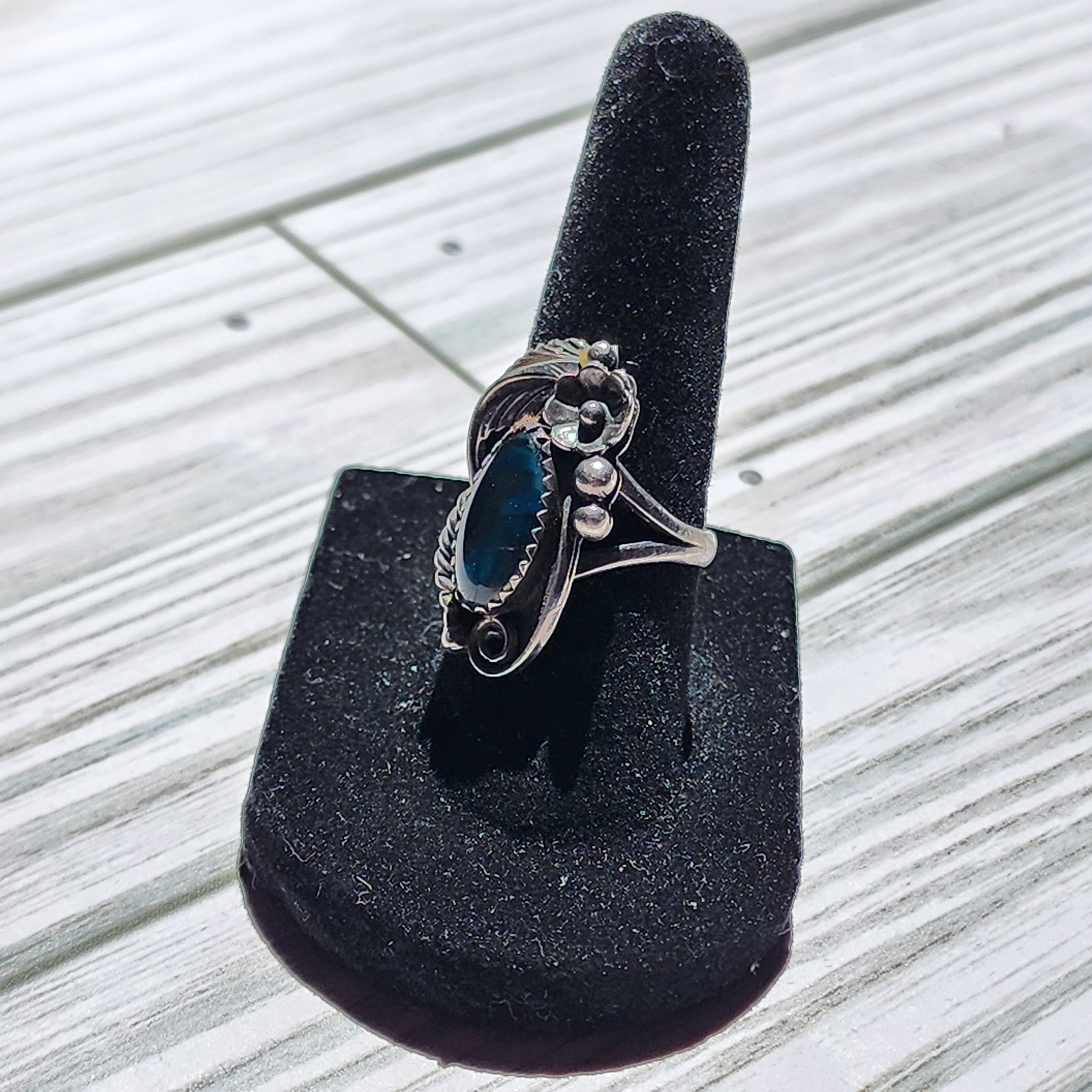 Oval Shaped Labradorite with Flower & Feather Embellishment with Split Band Size 6.5 Ring