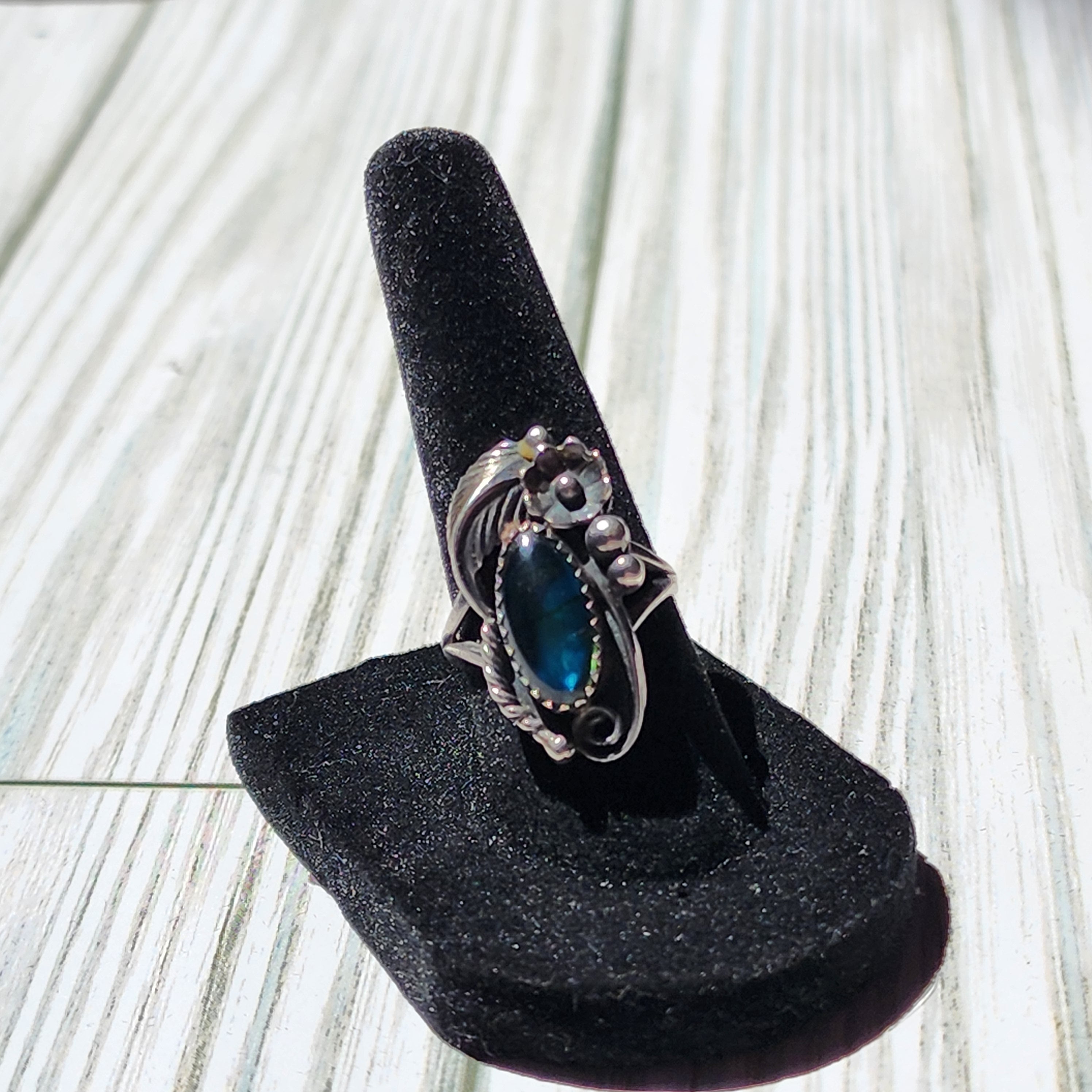 Oval Shaped Labradorite with Flower & Feather Embellishment with Split Band Size 6.5 Ring