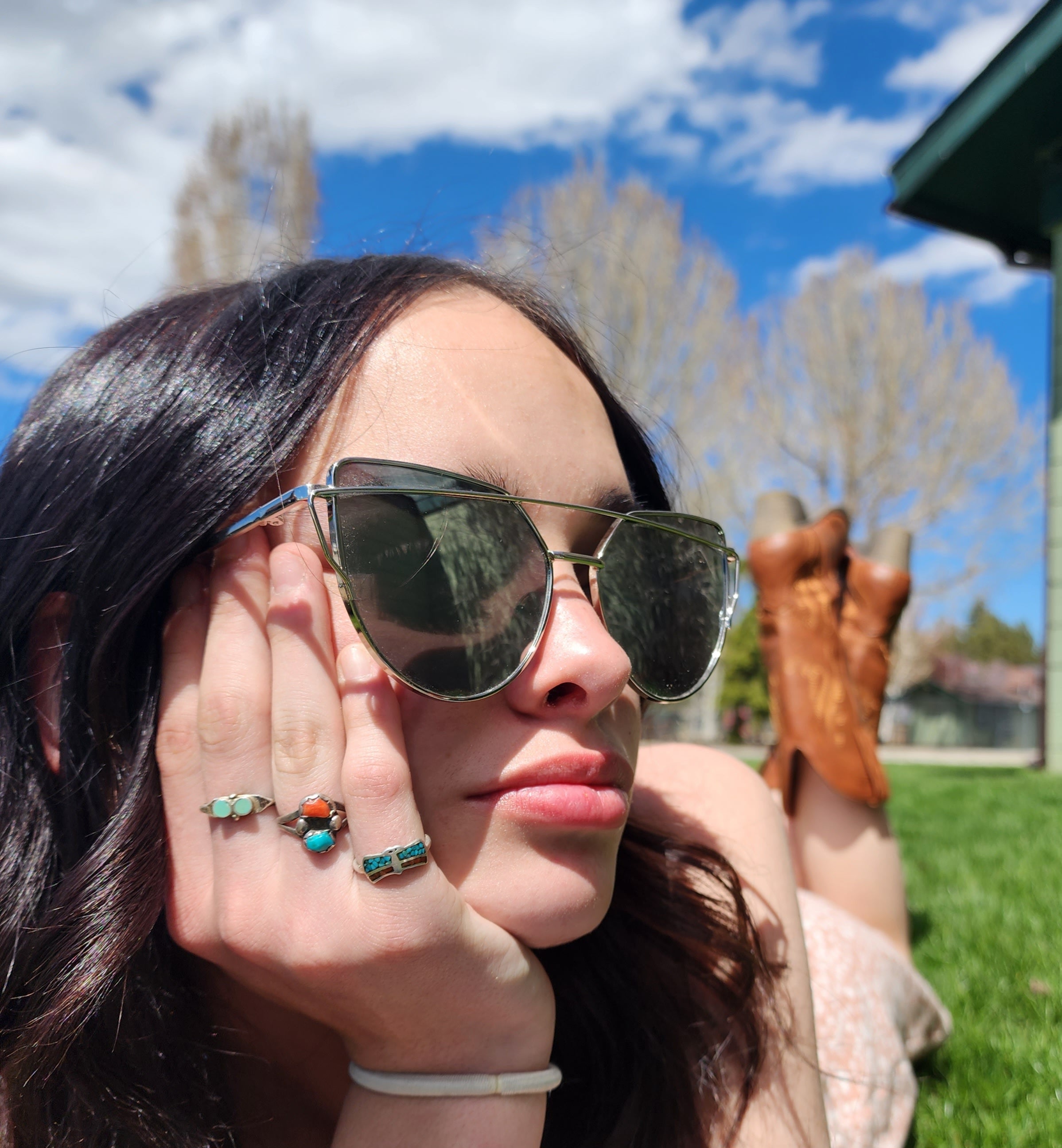 Vintage Navajo Fox Turquoise Coral Gemstones Split Band Ring Size 5