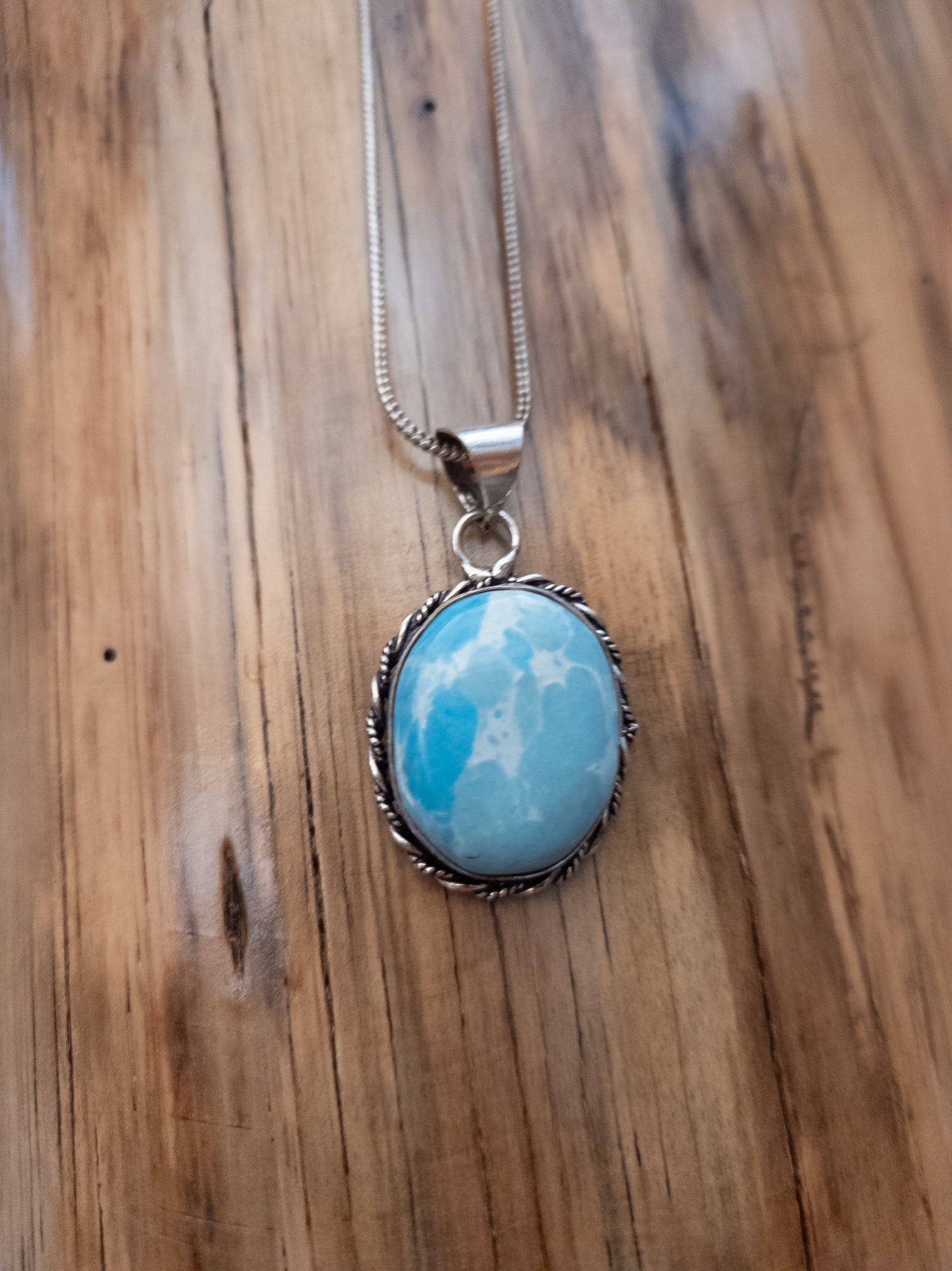 Twisted Sterling Silver Frame with Oval Larimar Stone Necklace