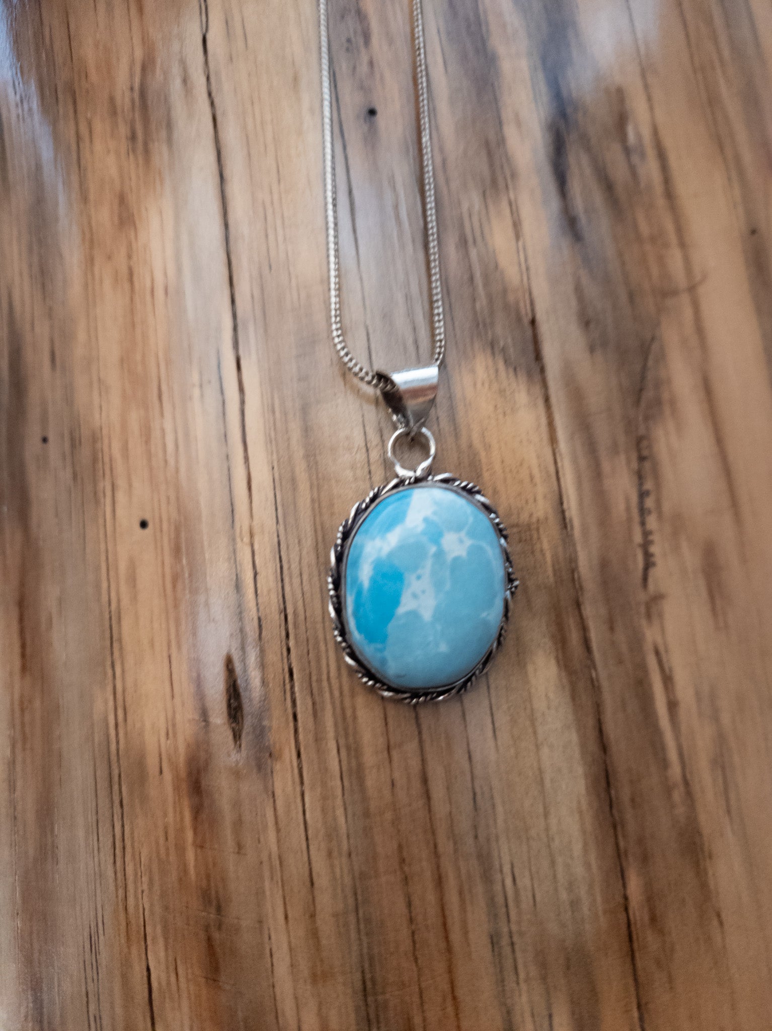 Twisted Sterling Silver Frame with Oval Larimar Stone Necklace
