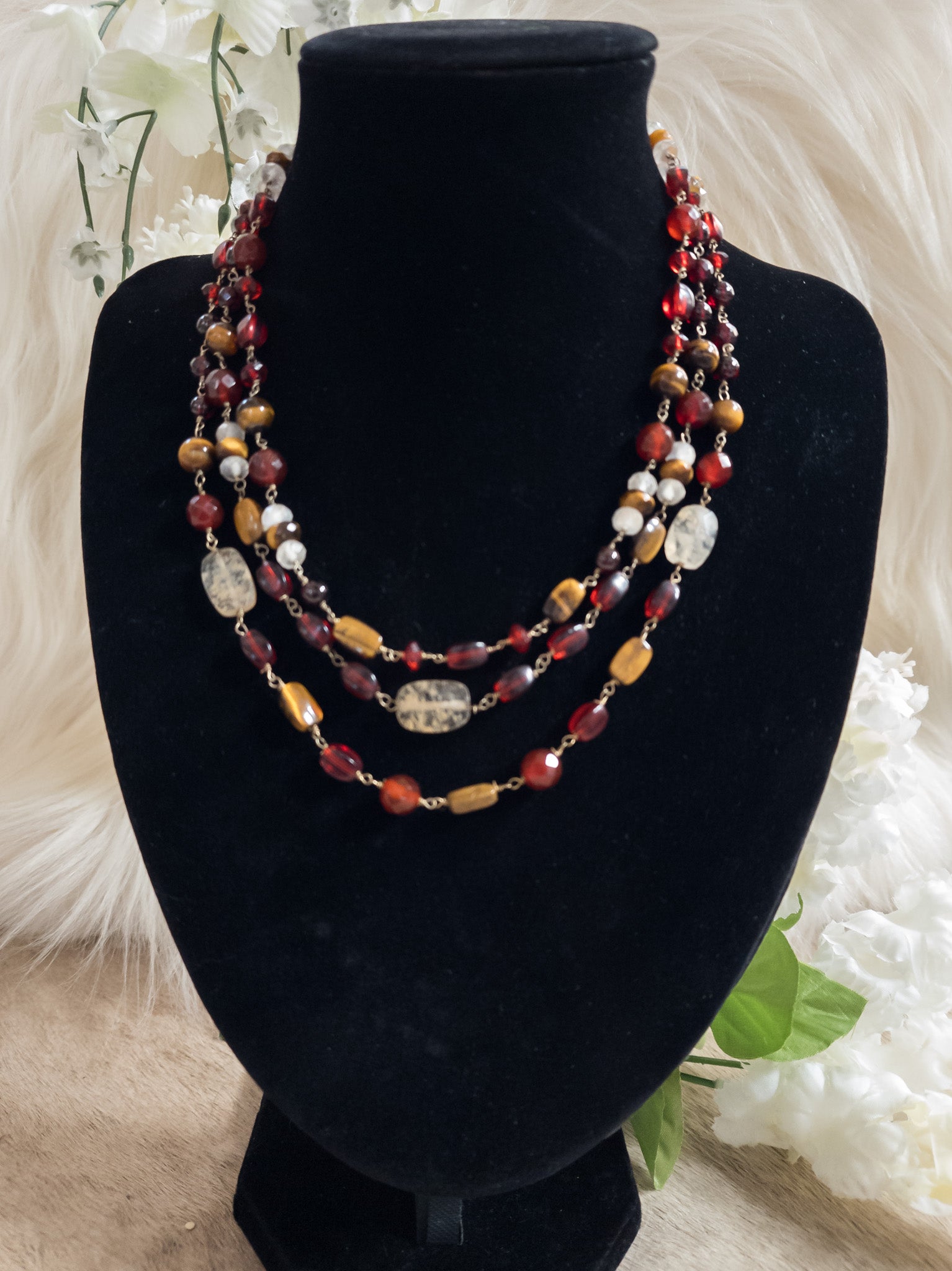 Beautiful Crafted Tigers Eye Stone and Red Rhinestone Necklace