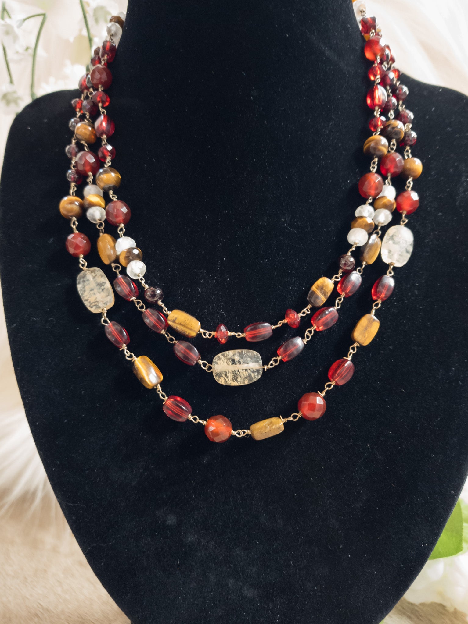 Beautiful Crafted Tigers Eye Stone and Red Rhinestone Necklace